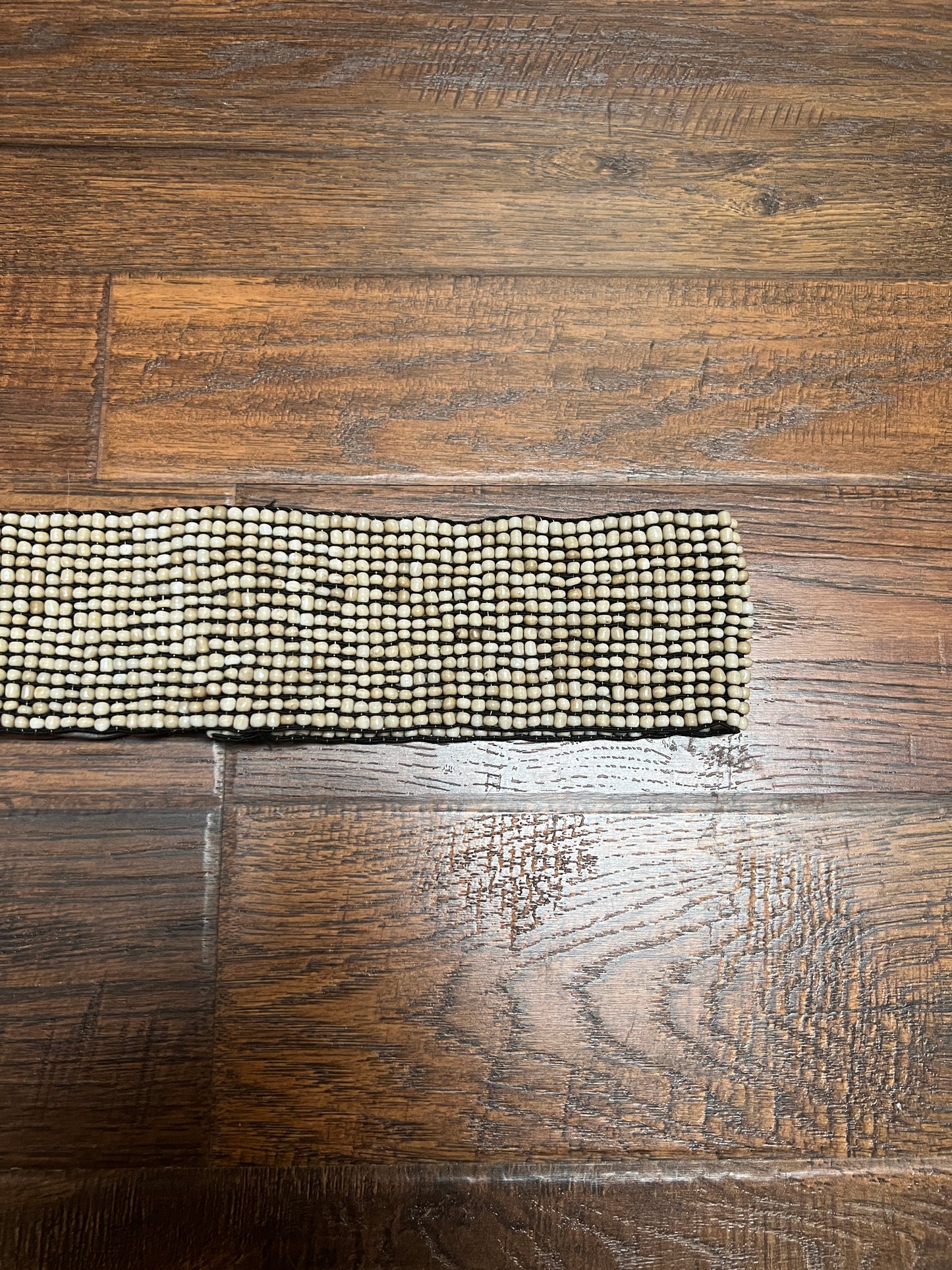 Vintage Style Accessories - Glass Seed Beaded Waist Belt with Wood Buckle - Sandy Beige - 31.5"