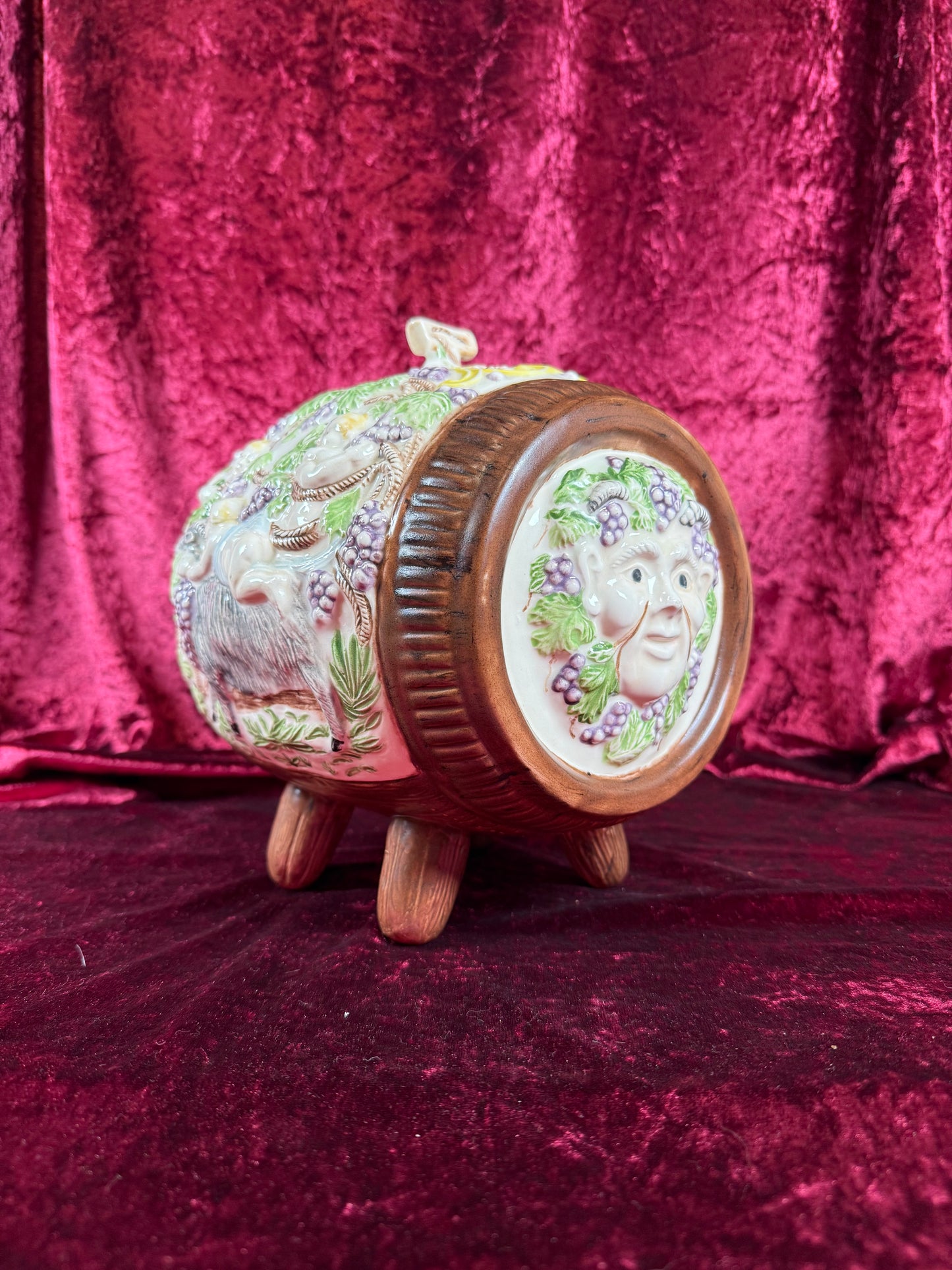 Vintage Pottery - Mid Century Wine Barrel Keg Decanter - Putti, Bacchus, Goat Relief