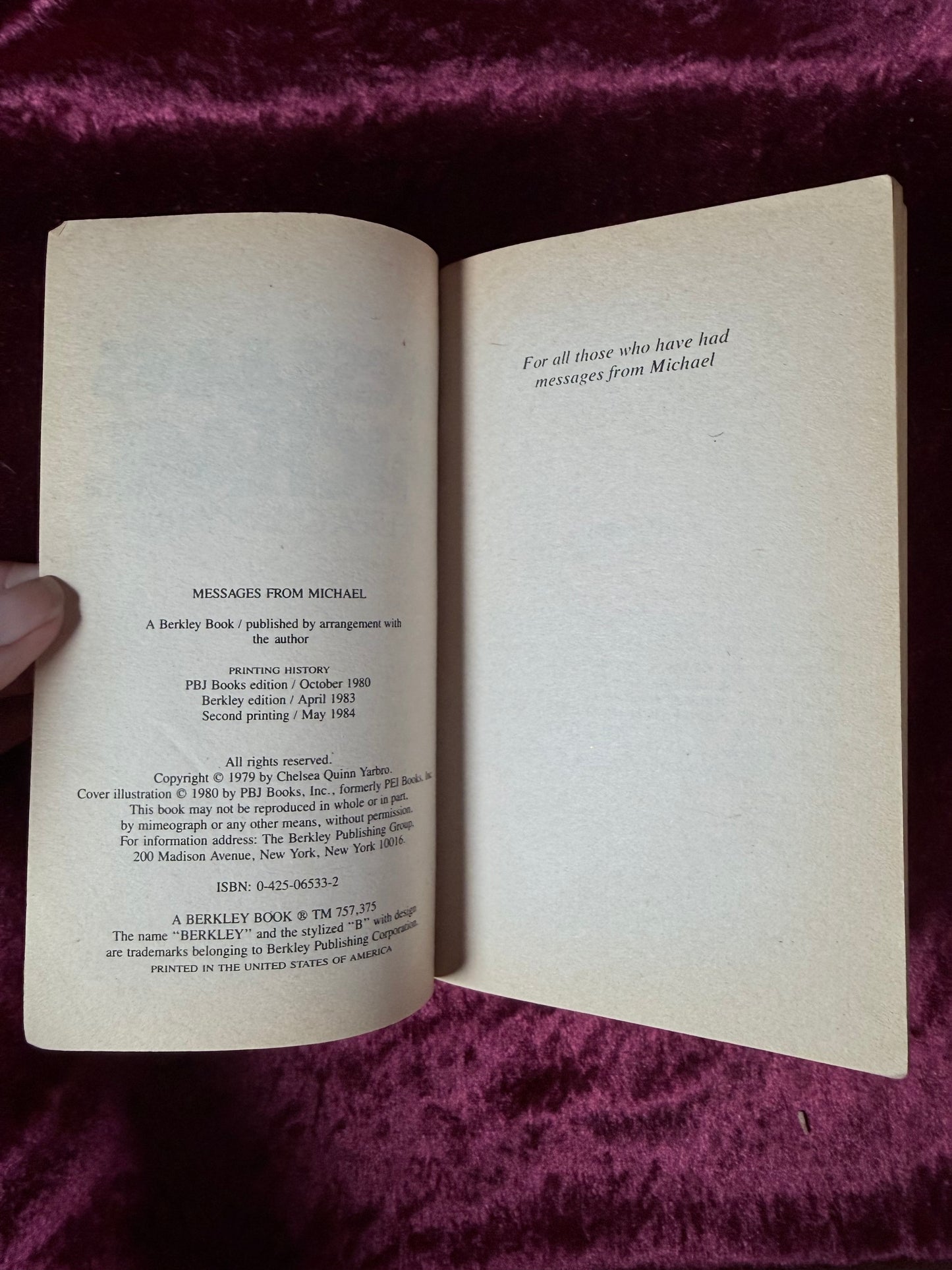 Vintage Messages From Michael by Chelsea Quinn Yarbro 1984 Berkeley Paperback