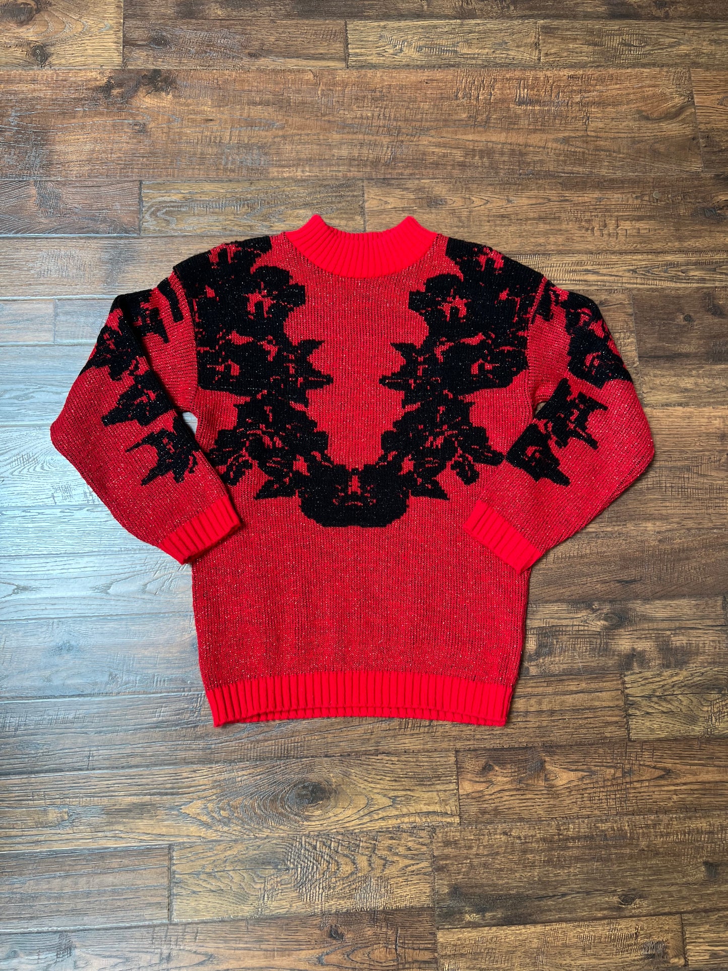 Vintage Clothing - Pullover Crewneck Knit Sweater - Black Flowers on Red Glitter - Medium