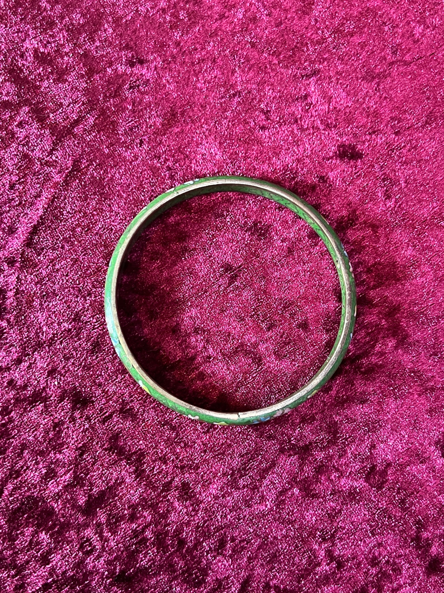 Vintage Jewelry - Cloisonne Bangle Bracelet - Pink and Blue Flowers on Green