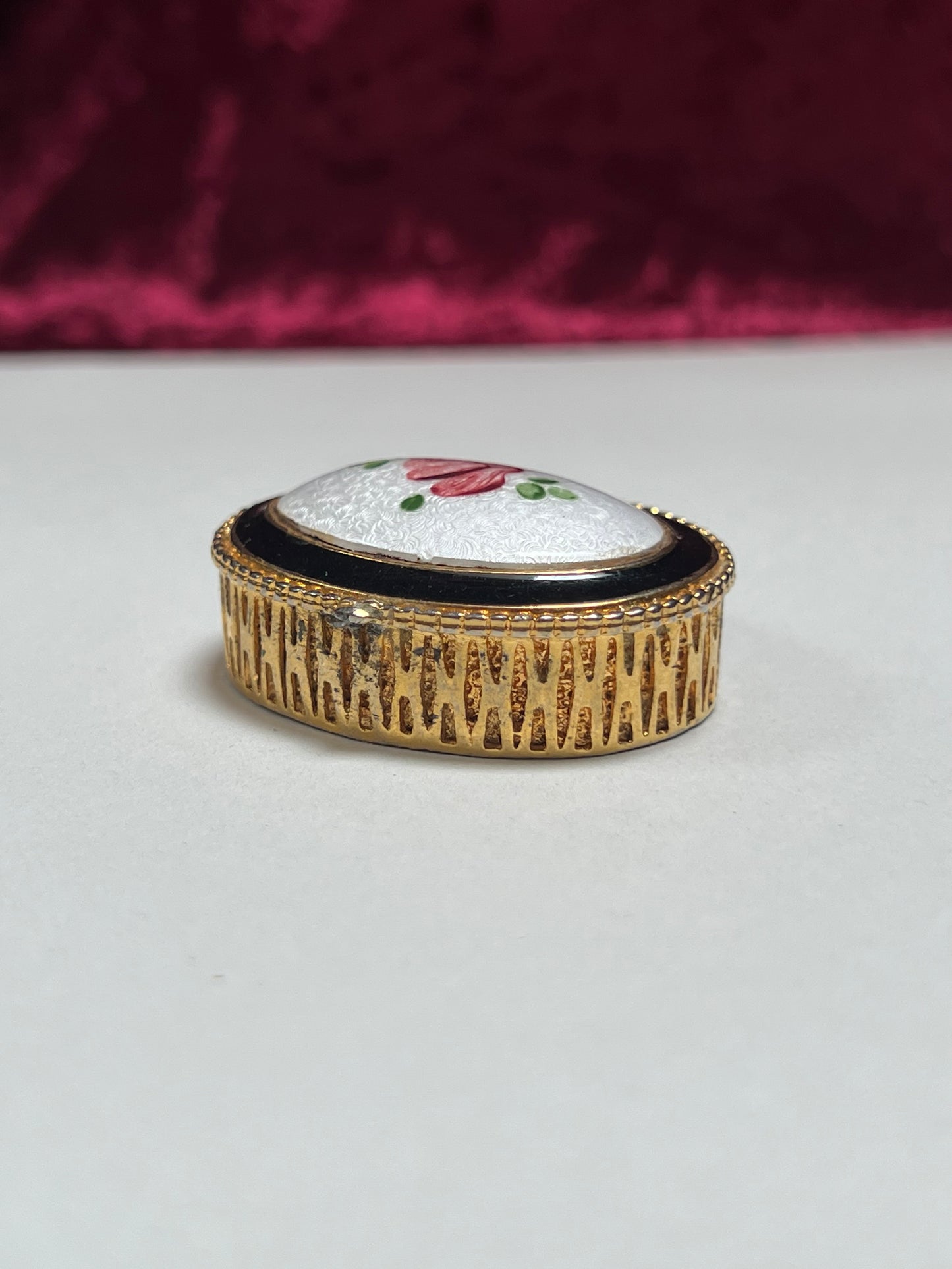 Vintage Trinket Box - Oval Pill / Snuff Box - Enamel Rose Bud - Gold Basket Weave Design