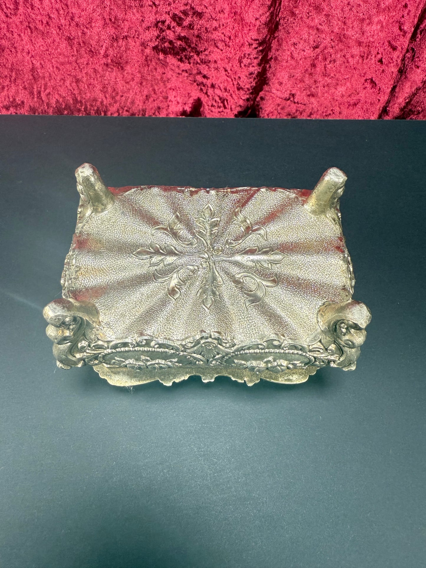 Vintage Vanity - Jewelry Box - Ornate Silver Floral Filigree - Red Velvet Lining - Footed