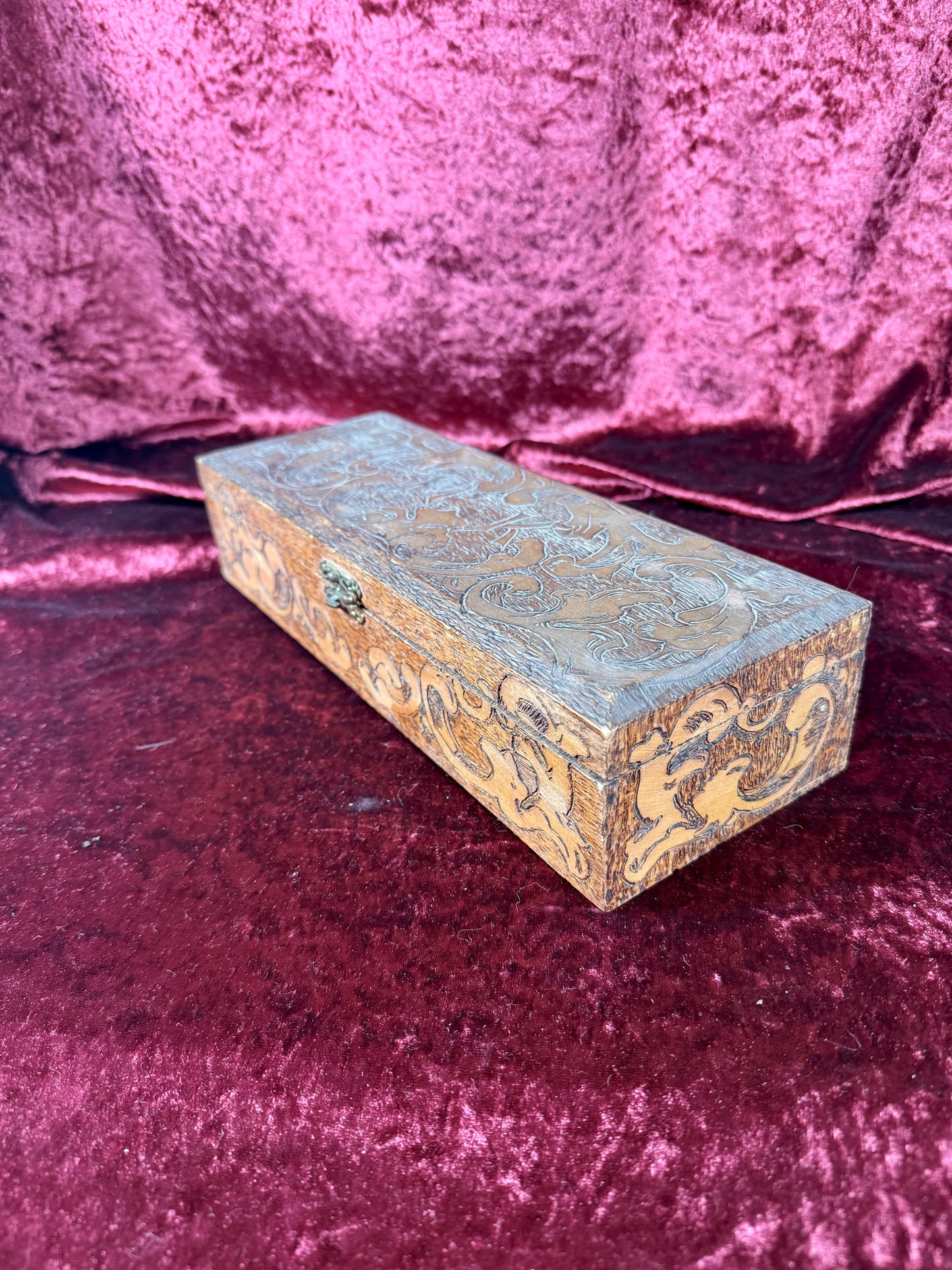Antique Box - Hand Carved Flemish Pyrography Wood Glove Box