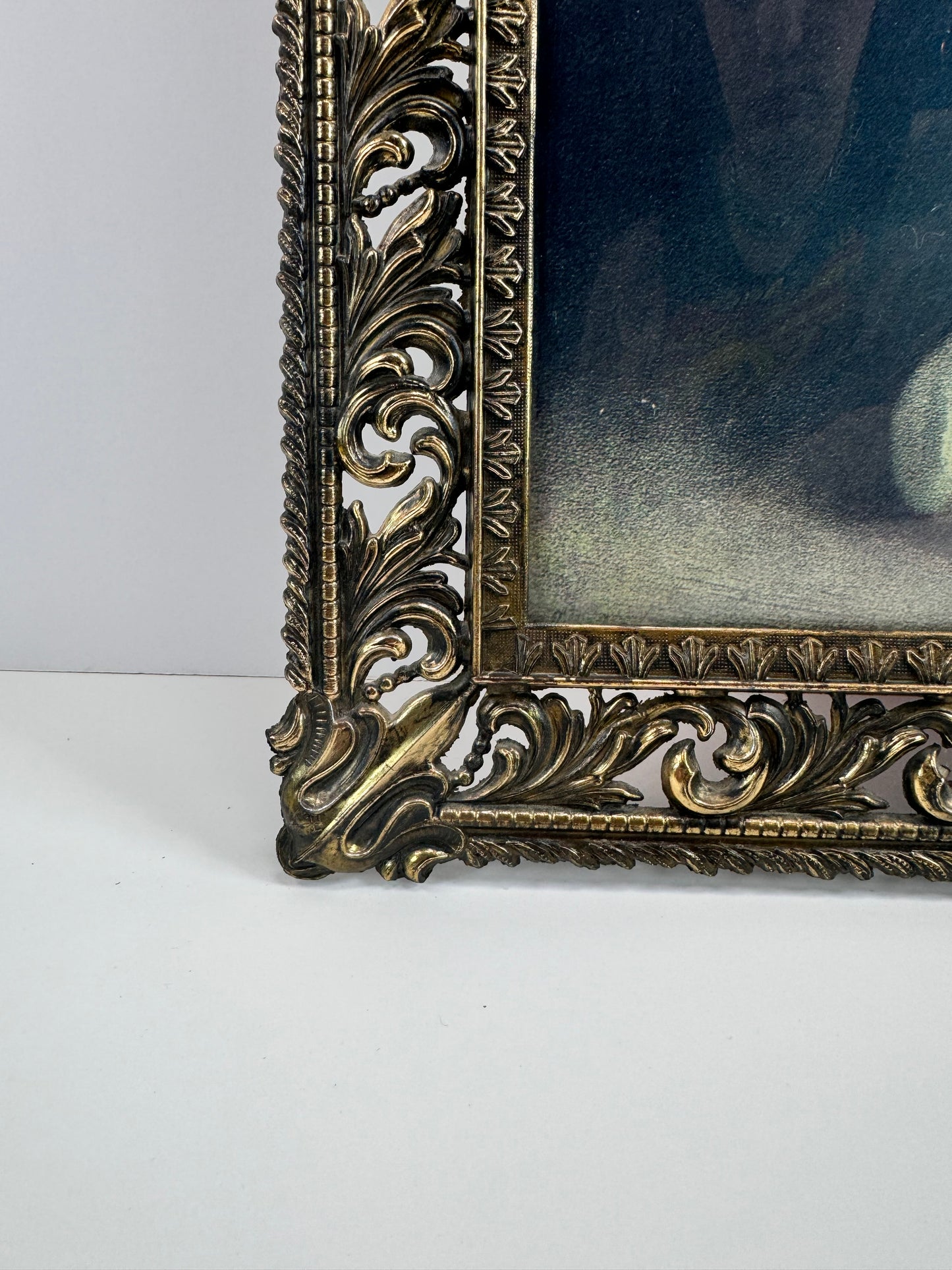 Vintage Framed Lithograph - Samuel in Prayer Sir Joshua Reynolds | Italian Ornate Brass Frame w/ Bubble Glass