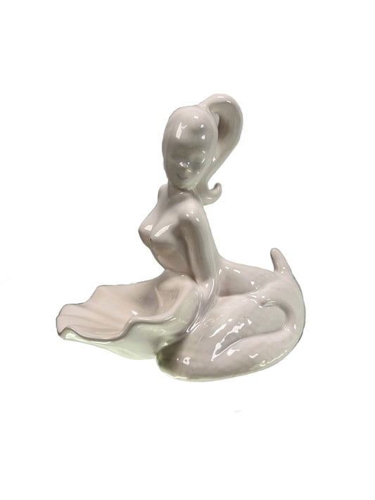 Vintage Trinket Dish - Nude Mermaid Holding a Shell - White - 1977