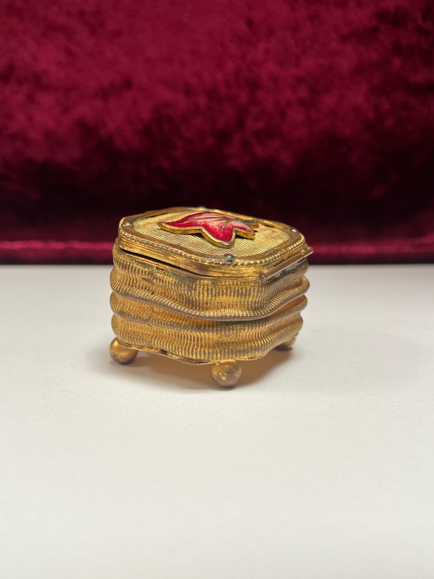 Vintage Trinket Box - Footed Ring Box - Red Leaf Lid - Brass Curved Design