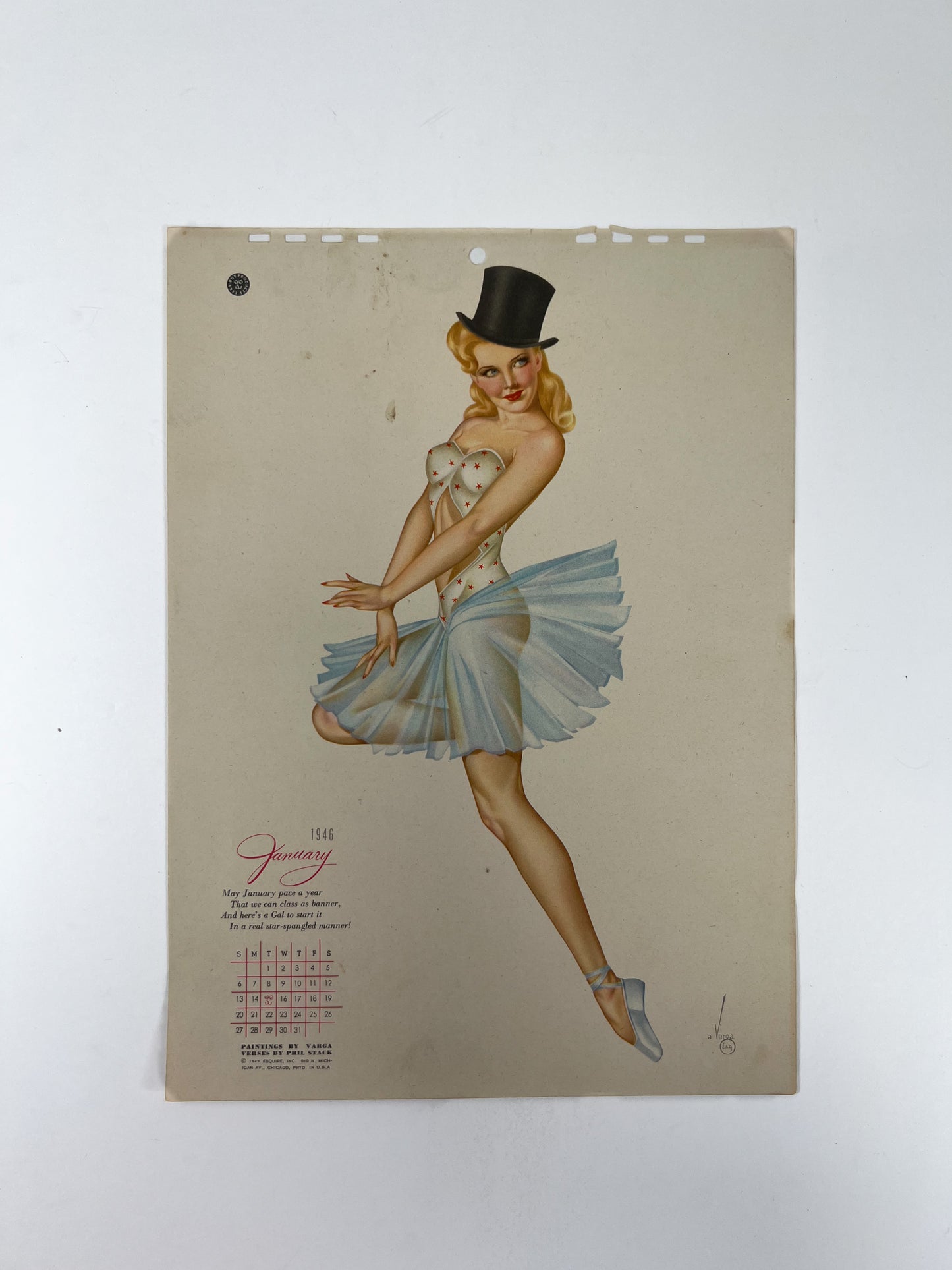 Vintage Ephemera - Esquire Pin Up Calendar Page - January 1946 - Alberto Vargas