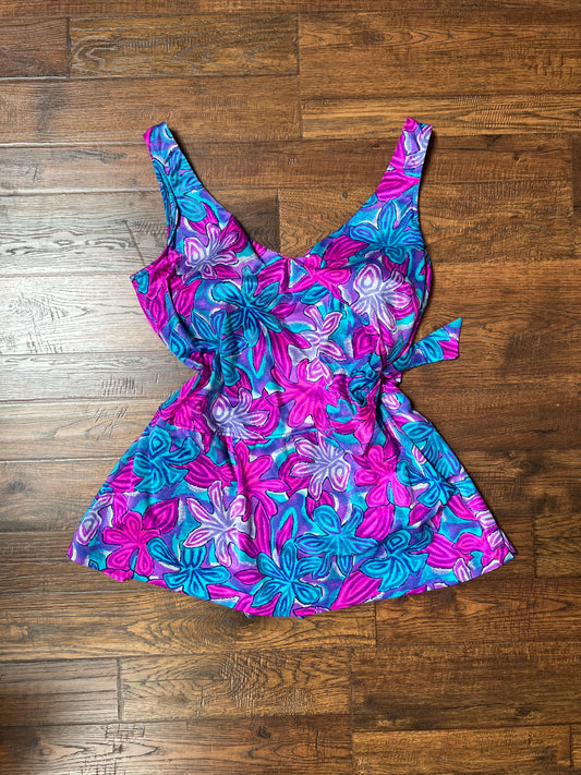Vintage Clothing - One Piece Swimsuit with Built In Skirt - Blue and Purple Exotic Flowers - Large - Maxine of Hollywood