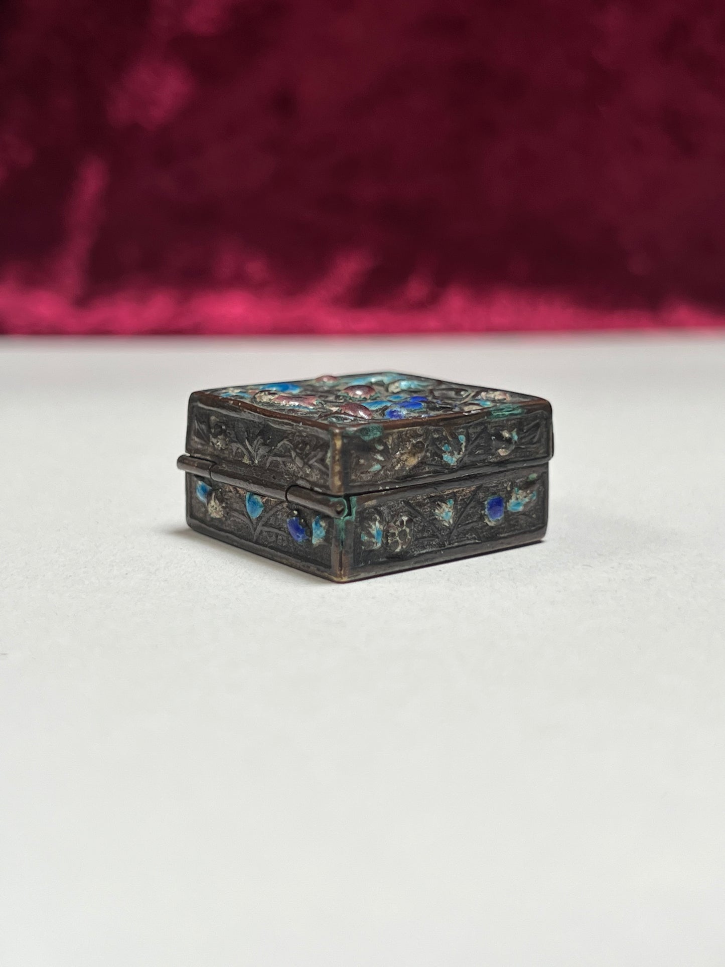 Vintage Trinket Box - Copper Cloisonne Enamel Pill Box - Animal & Floral Design - Made in China