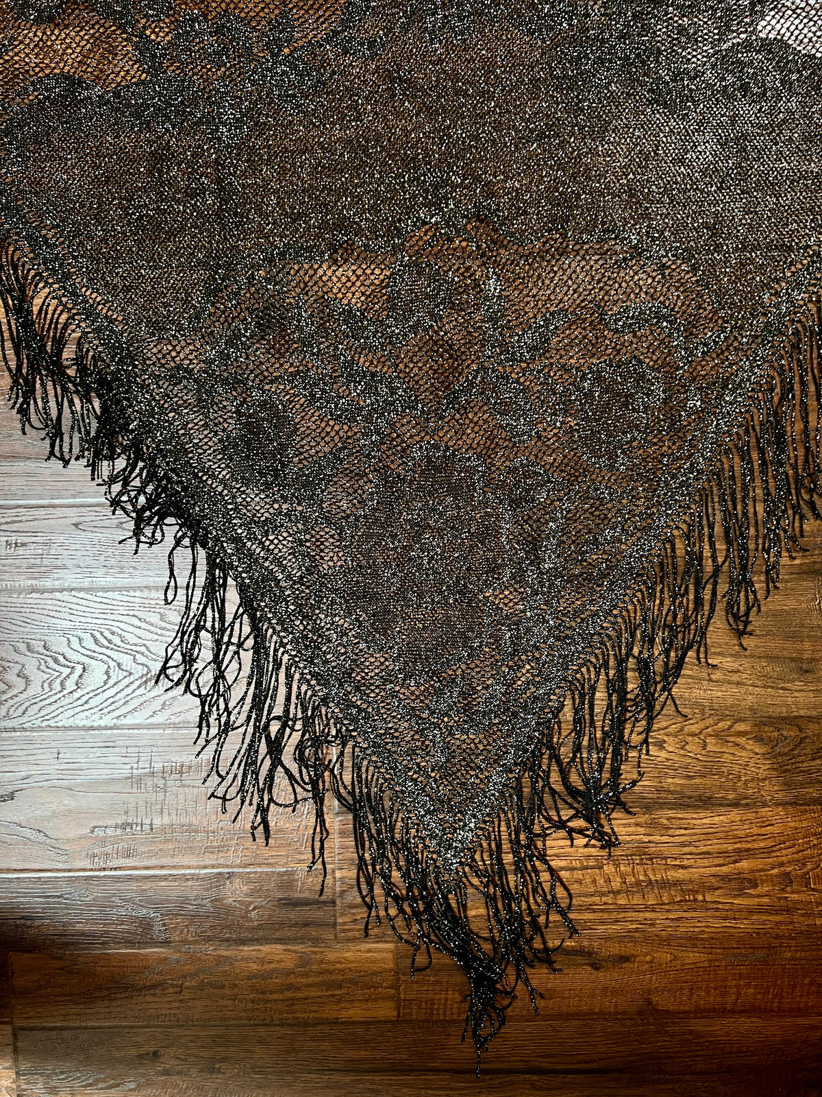 Vintage Metallic Net Shawl - Black Gold Floral Lace Fringe Triangle Wrap