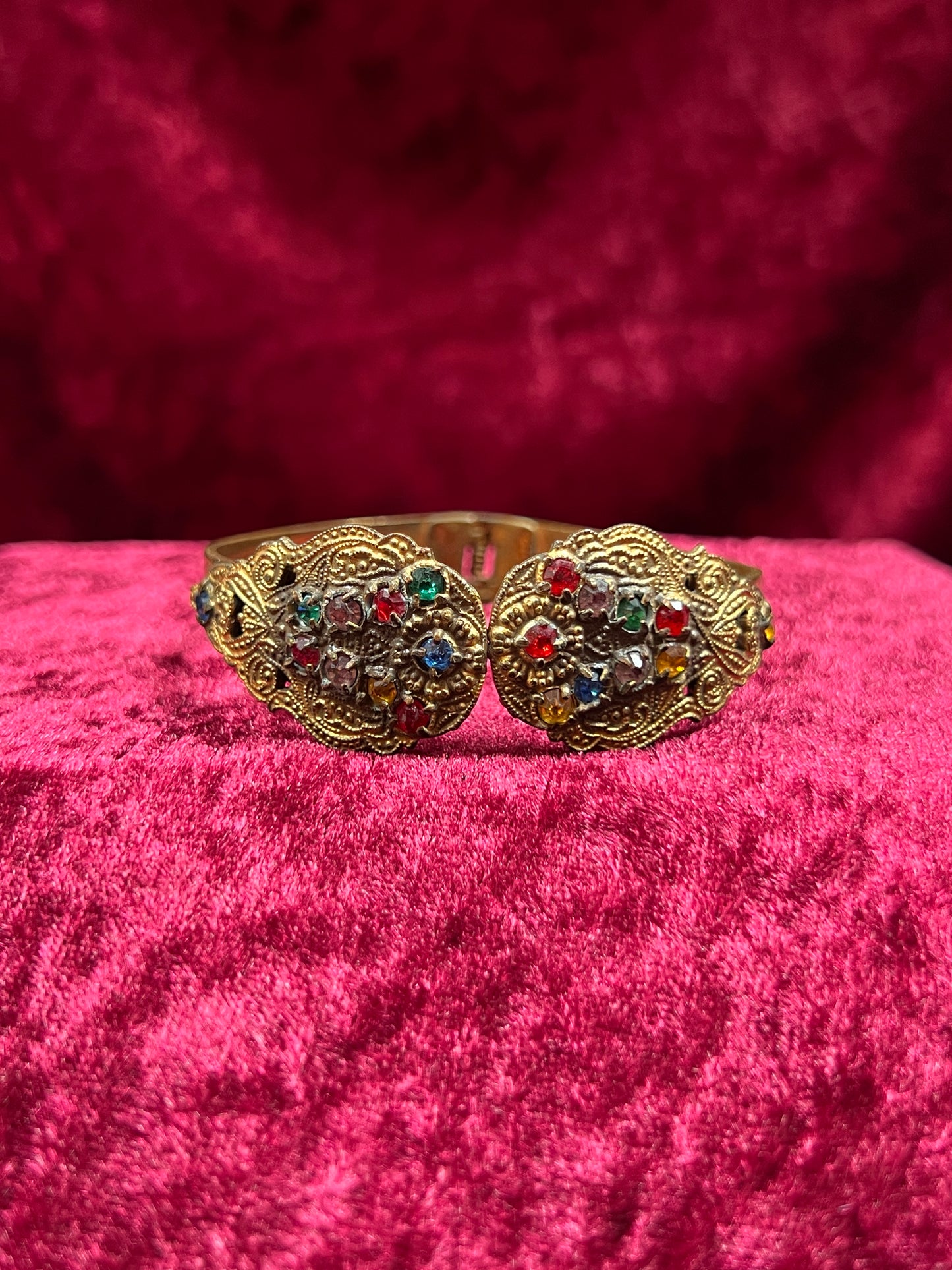 Vintage Jewelry - Hinged Bangle Bracelet - Multicolor Rhinestones in Ornate Brass Setting