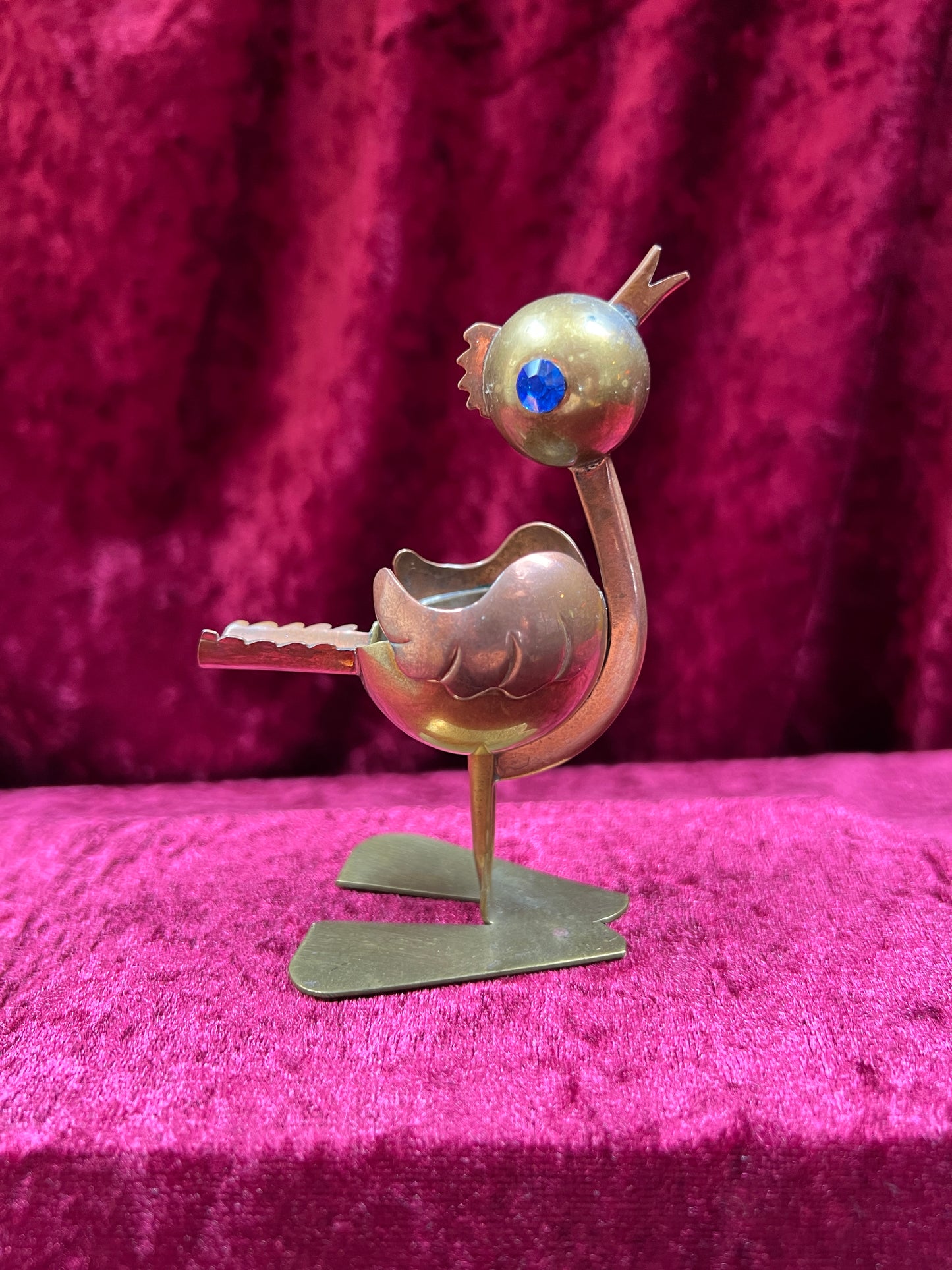 Vintage Ashtray - Mixed Metal Copper Bird with Blue Rhinestone Eyes - Mexico