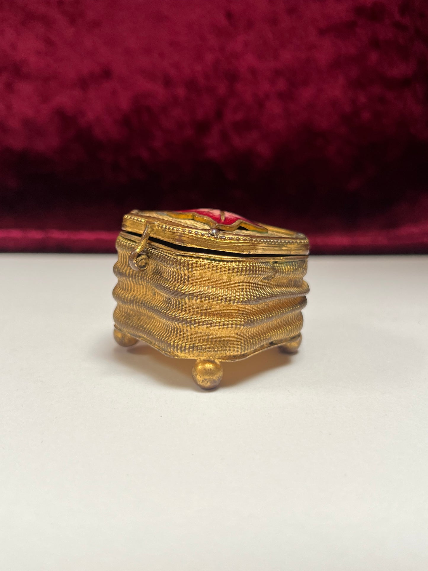 Vintage Trinket Box - Footed Ring Box - Red Leaf Lid - Brass Curved Design