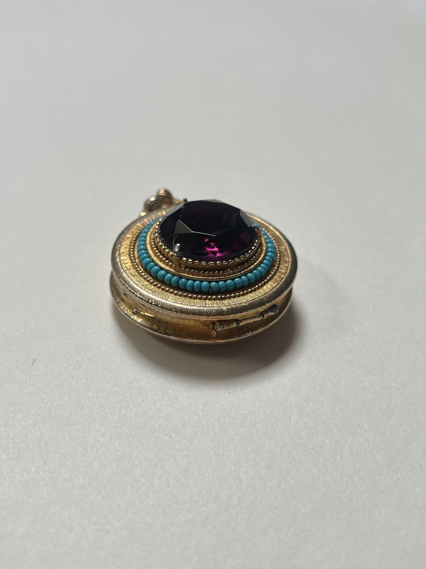 Vintage Trinket Box - Hinged Brass Pill Box - Round - Large Purple Faceted Stone - Turquoise Beads - Forenza