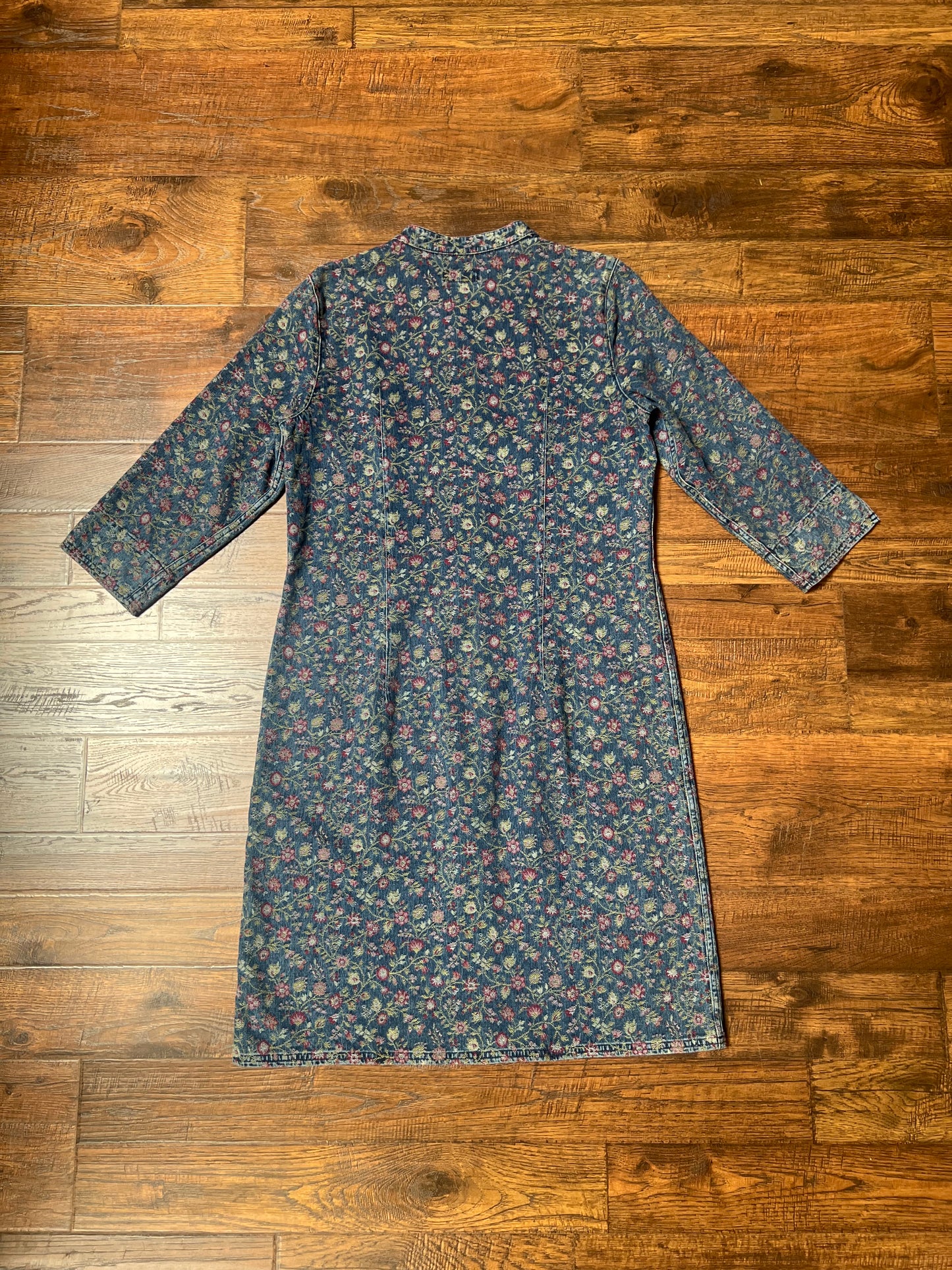 Vintage Clothing - Jacket - Blue Floral Denim Button Up Jacquard Long Shirt Dress - The Territory Ahead - Size 12