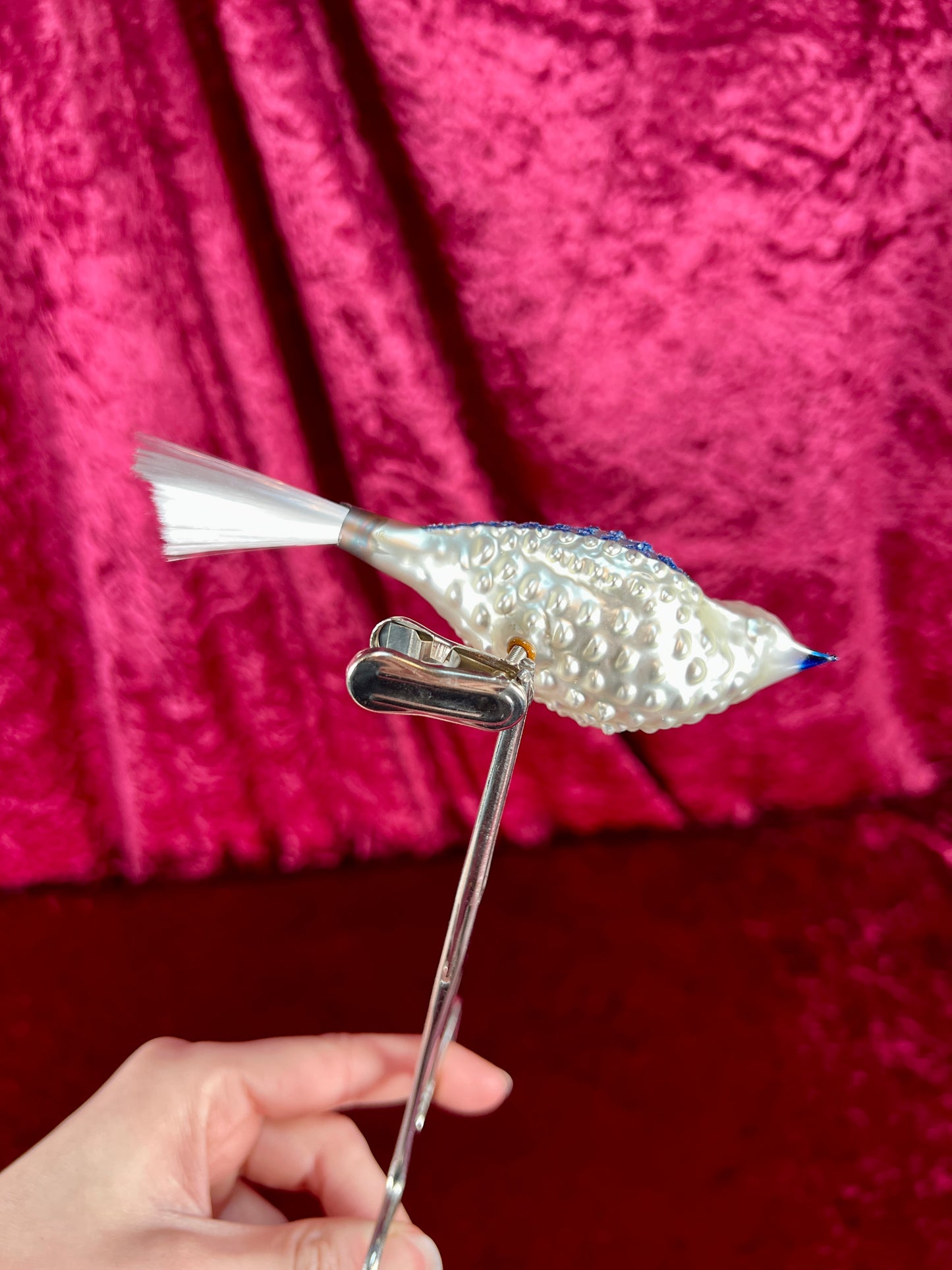 Vintage Christmas - Handblown Glass Clip On Ornament - Blue Bird with Nylon Hair Tail