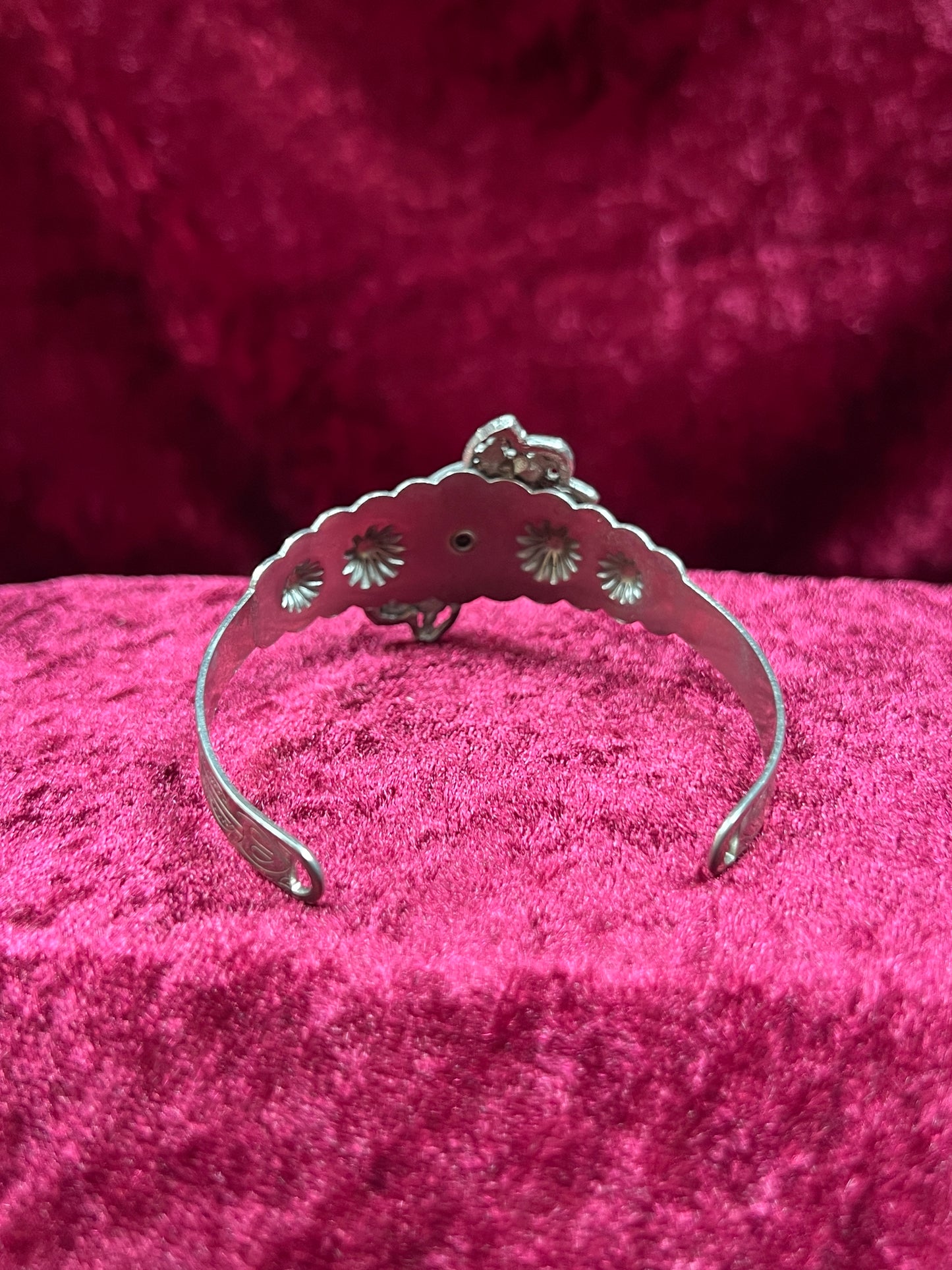 Vintage Jewelry - Cuff Bracelet - Engraved Silver Tone Metal - Faux Turquoise Center