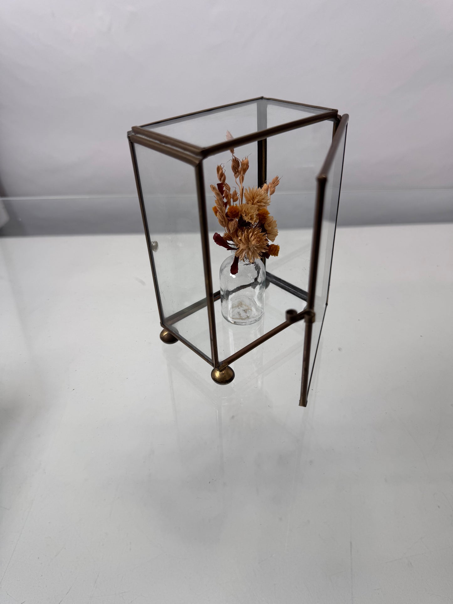 Vintage Curio - Brass and Glass Display with Hinged Door and Dried Bouquet - 5" Tall