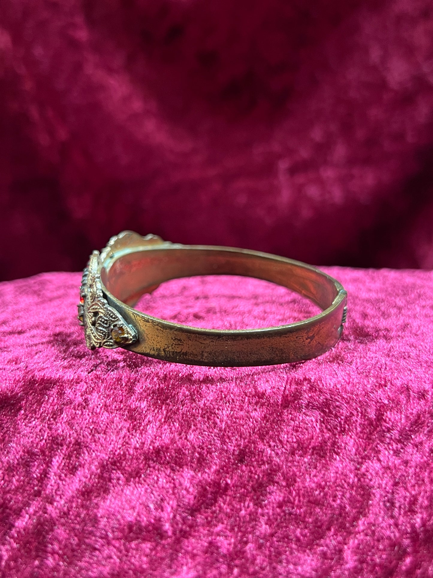 Vintage Jewelry - Hinged Bangle Bracelet - Multicolor Rhinestones in Ornate Brass Setting