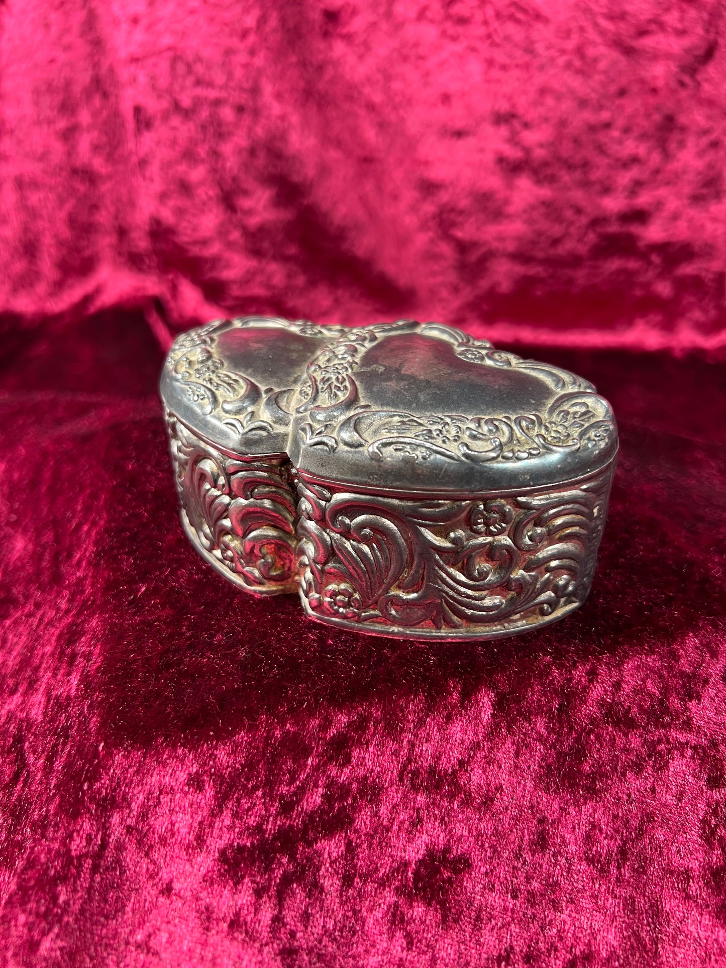 Vintage Jewelry Box - Antique Silver Patina - Double Hearts with Floral Filigree - Red Velvet Lining