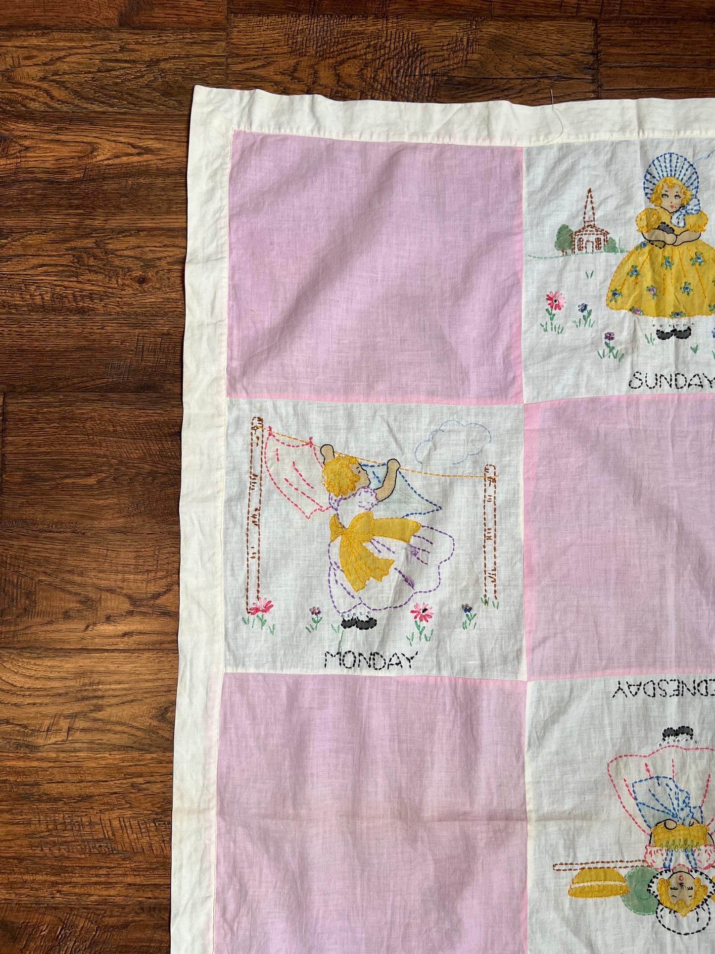 Vintage Linens - Patchwork Wall Hang / Quilt Topper - Days Of The Week in Pink