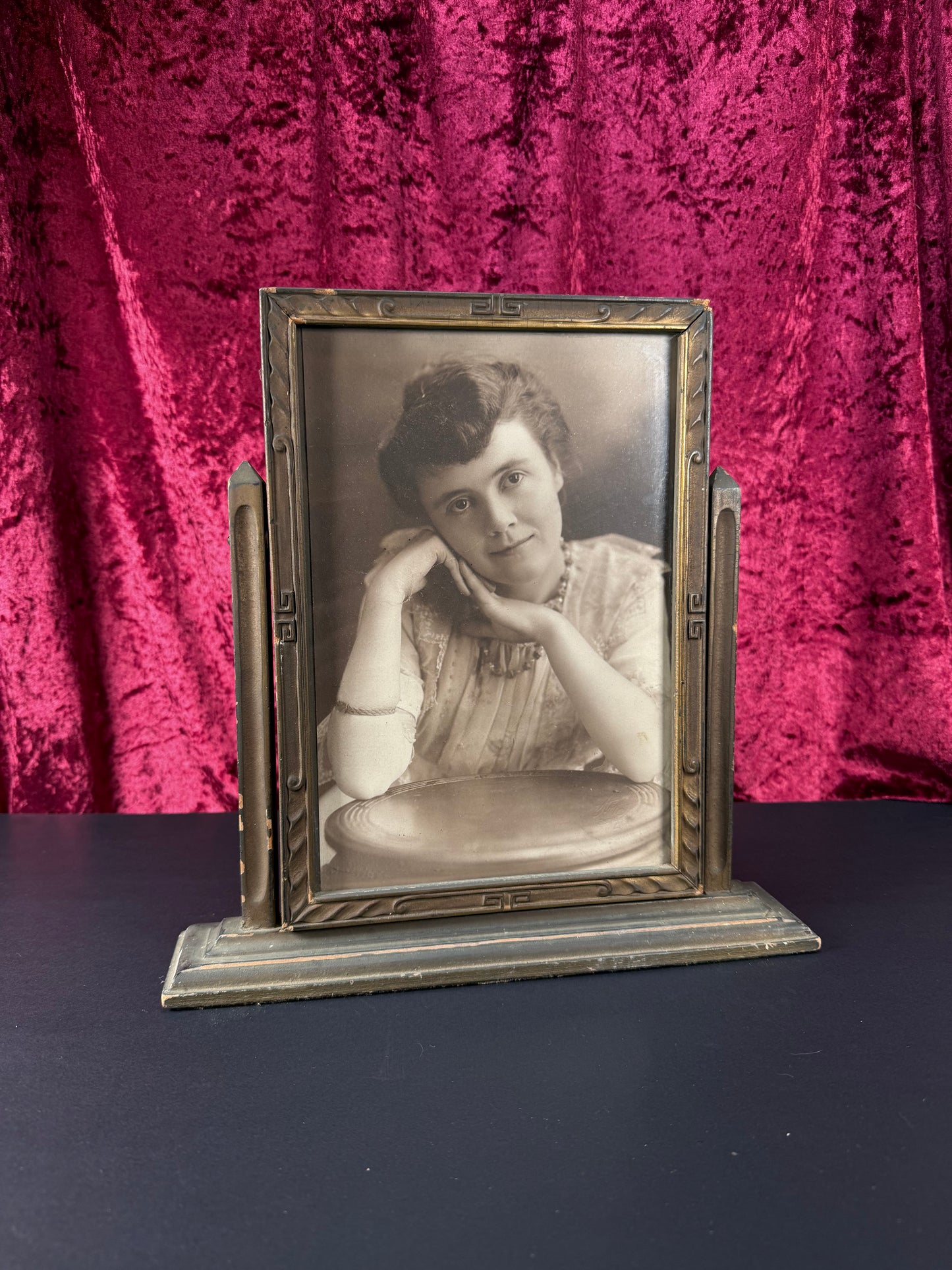 Antique Home Decor - Art Deco Tabletop Tilting Picture Frame - Black & White Photo of A Lady