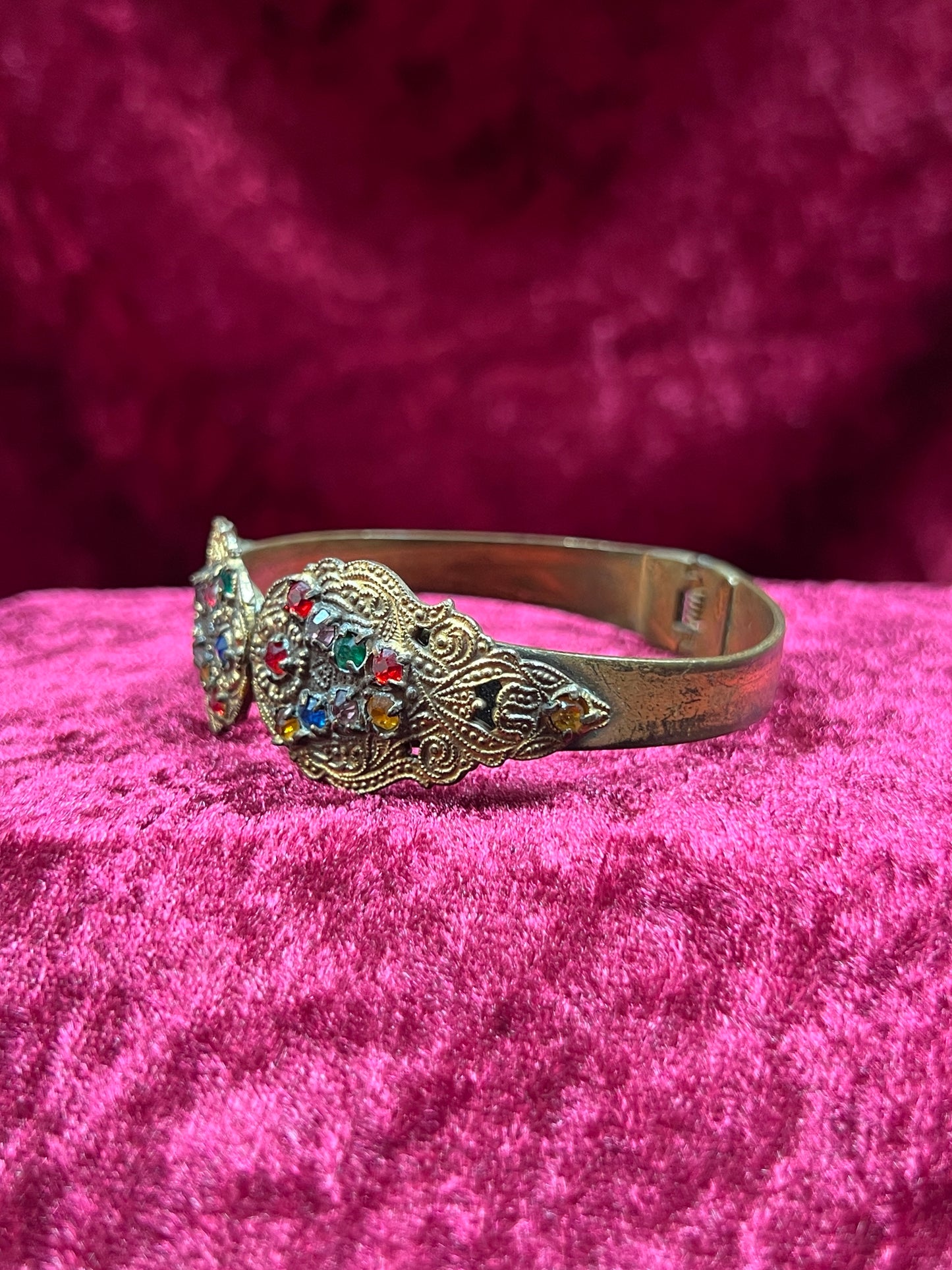 Vintage Jewelry - Hinged Bangle Bracelet - Multicolor Rhinestones in Ornate Brass Setting