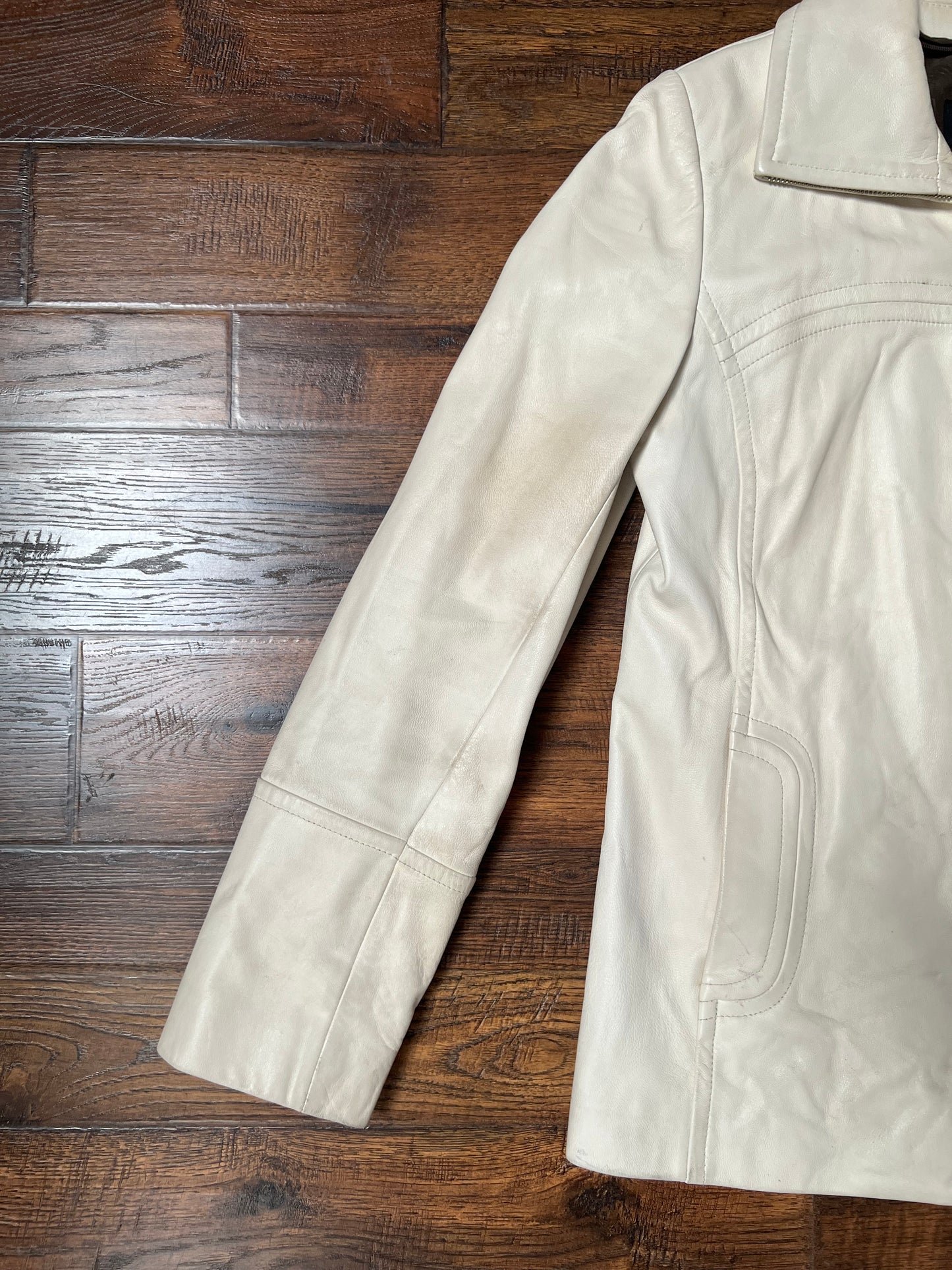 Vintage Clothing - Genuine Leather Racer Jacket - Cream White - Brown Lining - Small - Wilsons Leather Pelle Studio