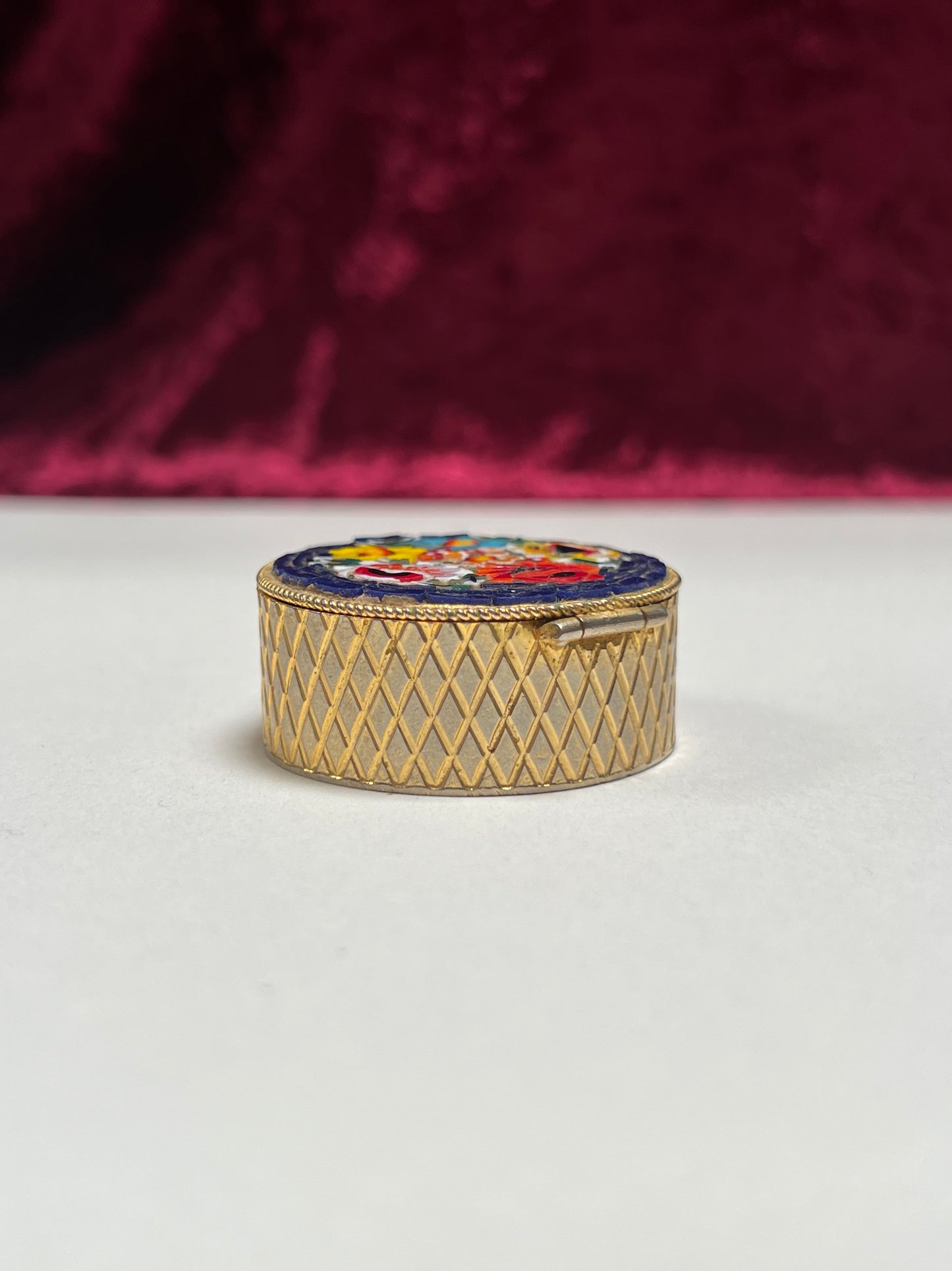 Vintage Trinket Box - Round Pill / Snuff Box - Italian Micro Mosaic - Dark Blue Floral - Basket Weave Design