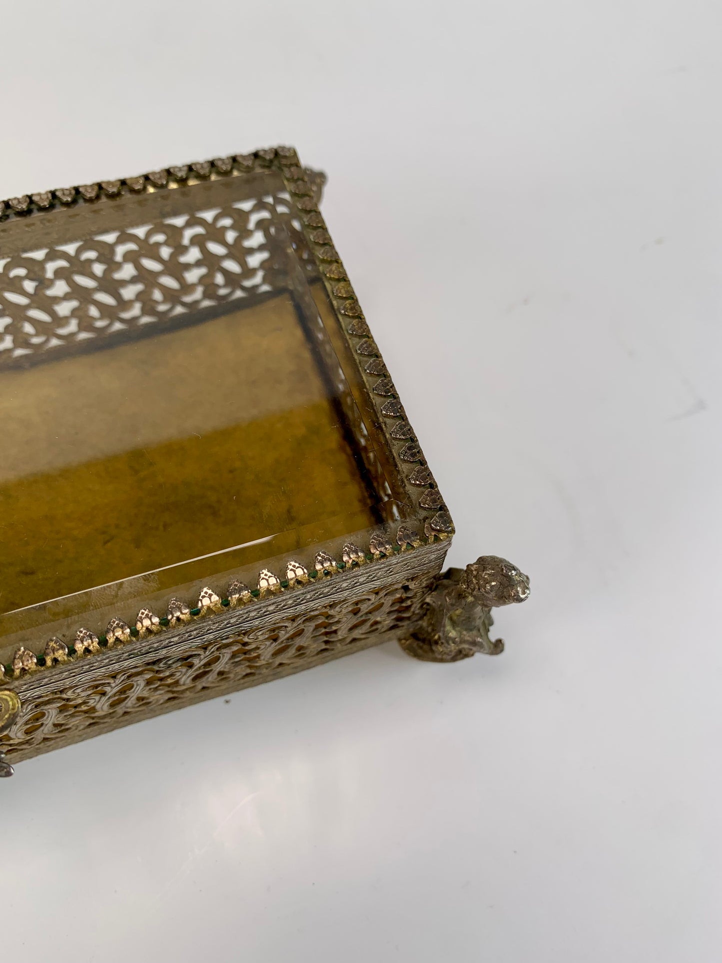 Vintage Jewelry Casket - Ormolu Felt Lined Box with Beveled Glass - Cherub Feet