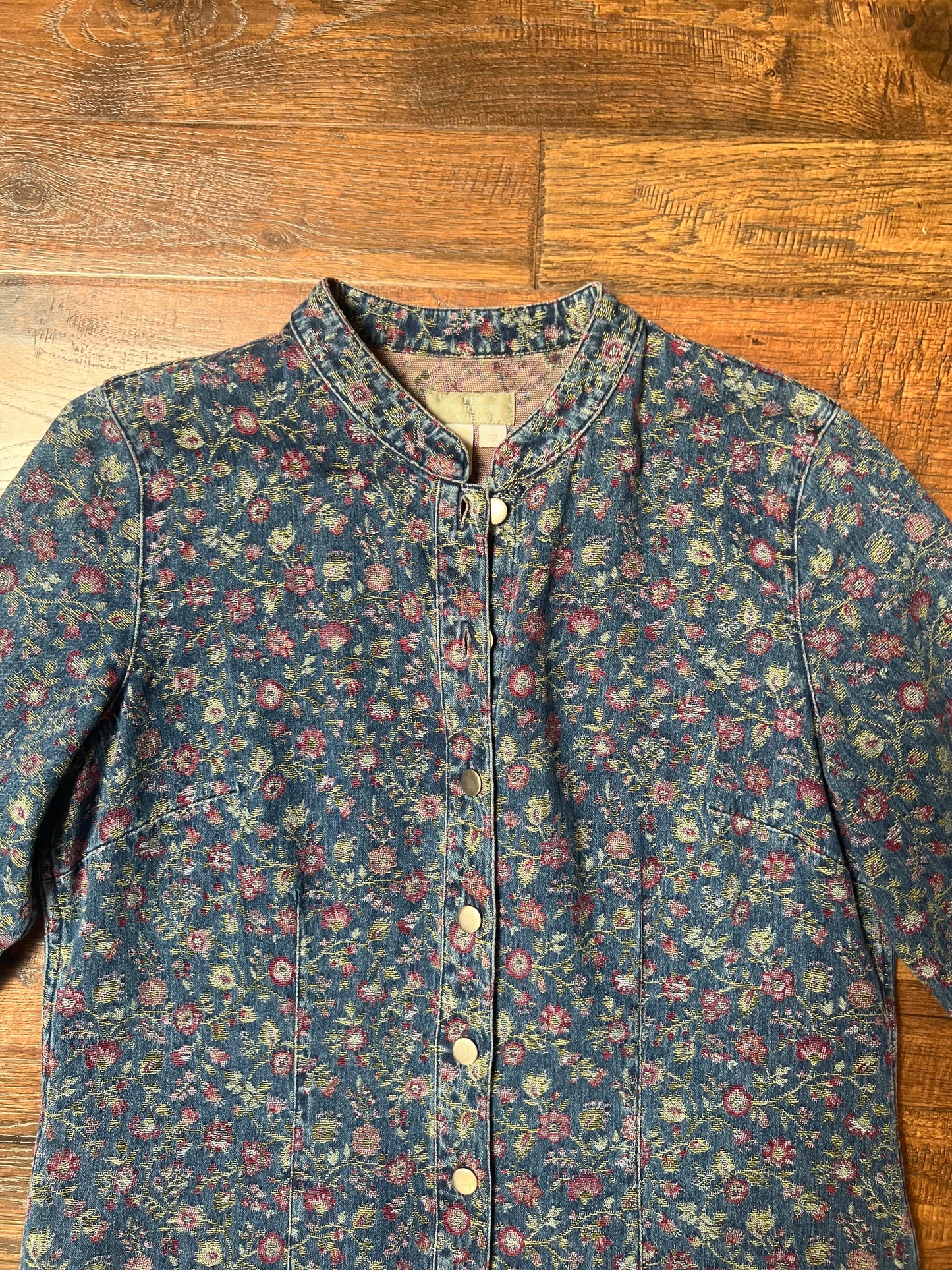 Vintage Clothing - Jacket - Blue Floral Denim Button Up Jacquard Long Shirt Dress - The Territory Ahead - Size 12