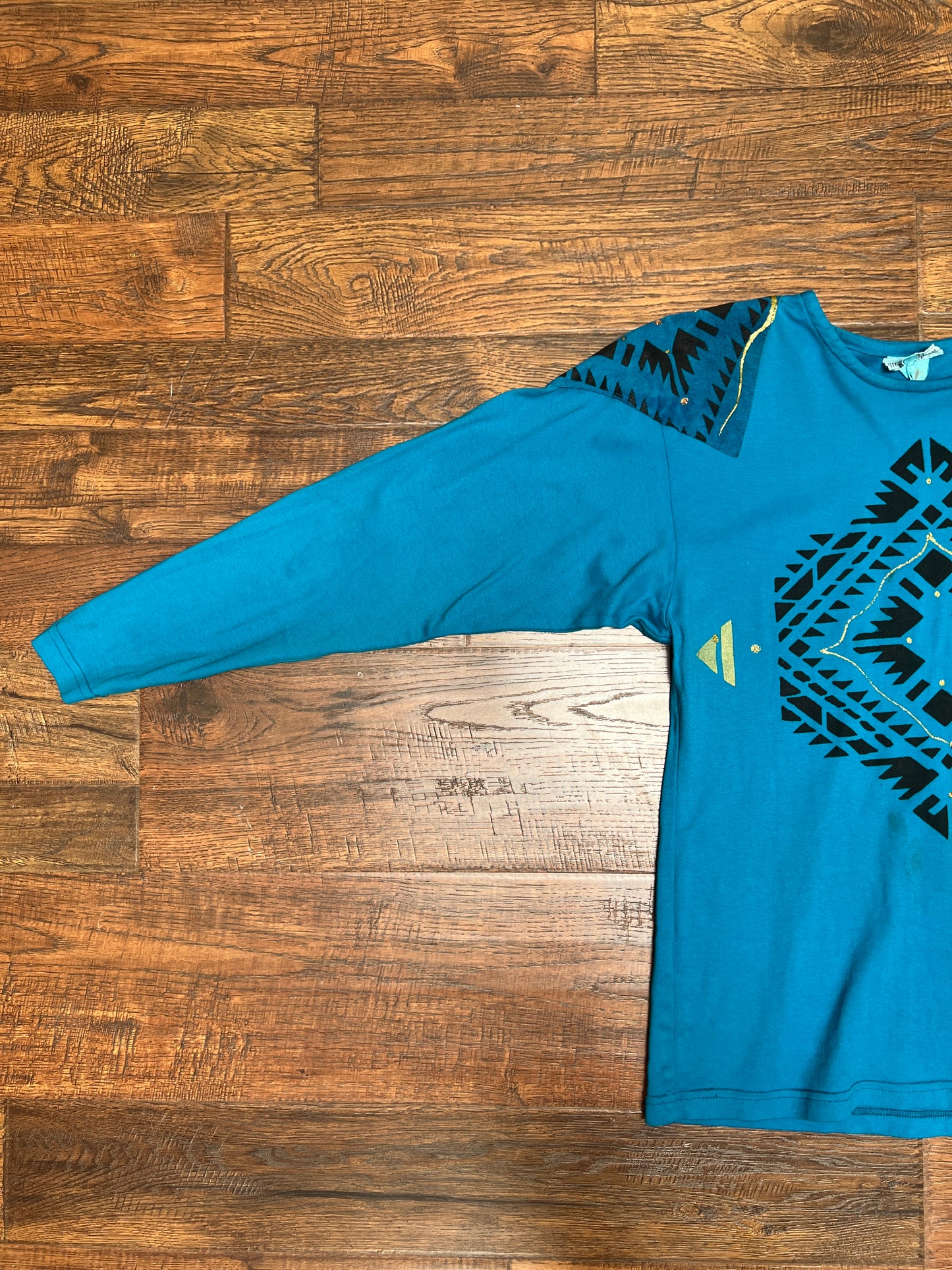 Vintage Clothing - Long Sleeve Shirt - Southwestern Print on Blue - Medium - Silver Cloud