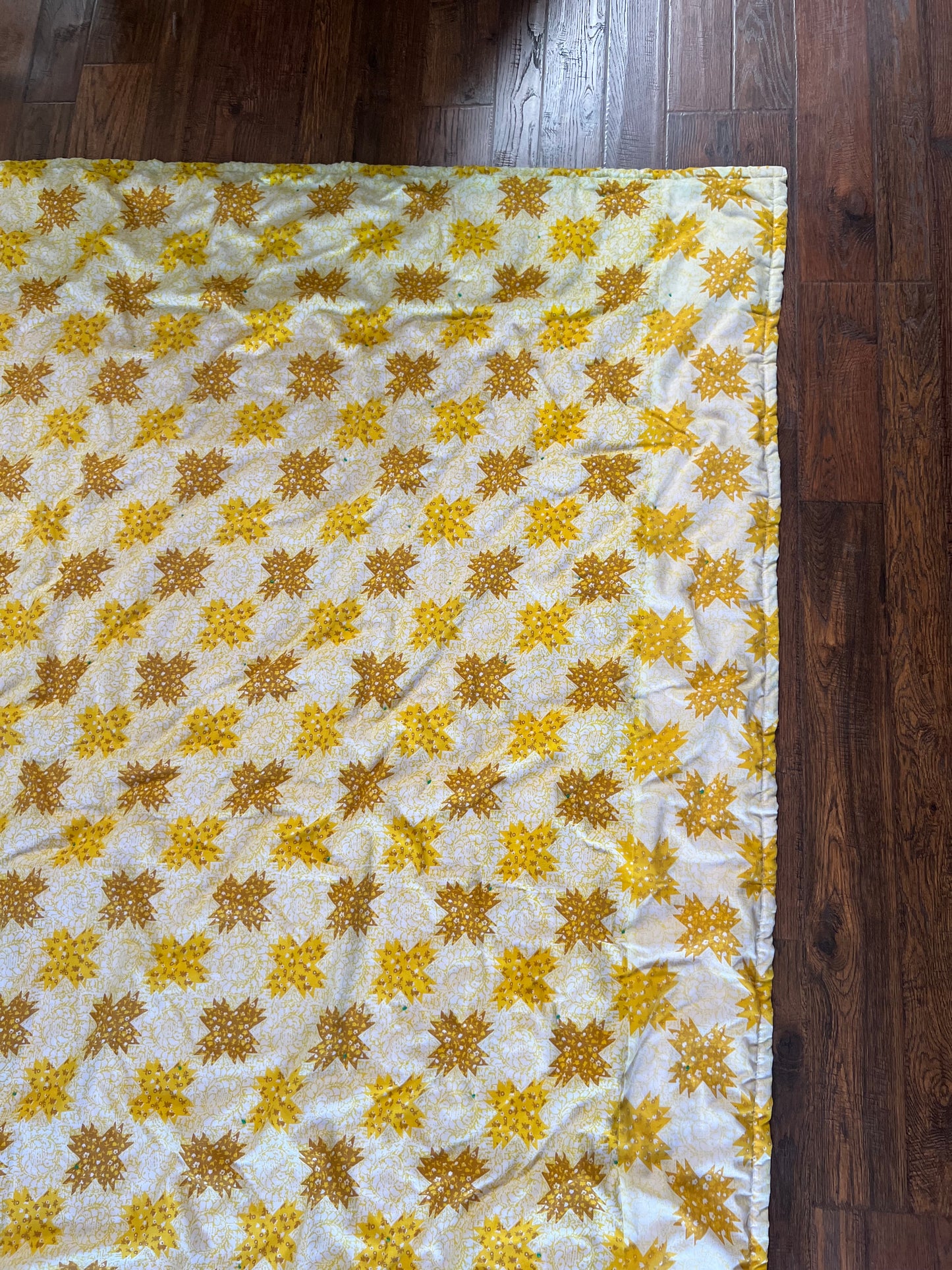 Vintage Linens - Handmade Quilt - Buttercream Yellow - Groovy Floral Patchwork - Double Sided - 81” X 67.5”