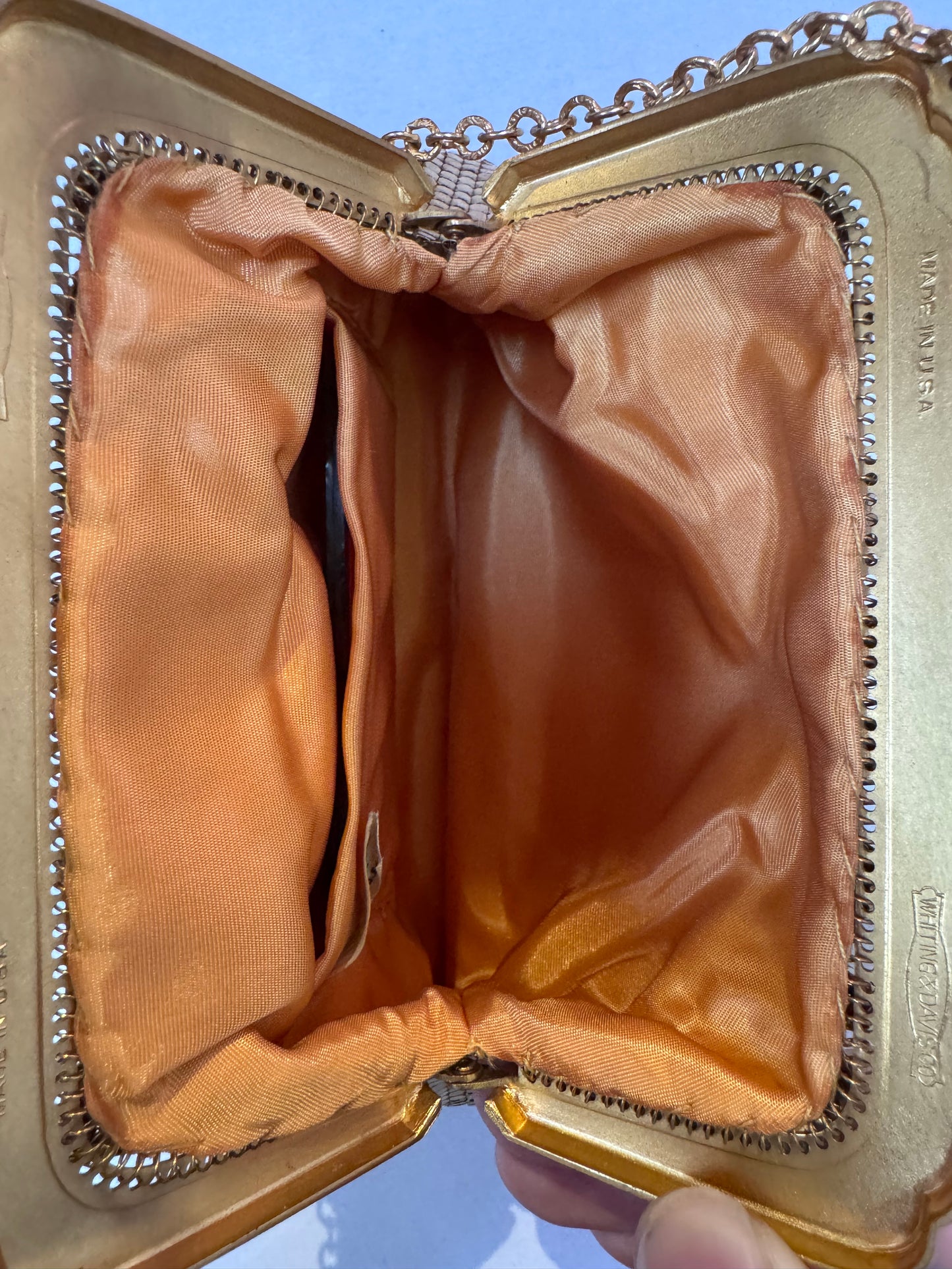 Vintage Purse - Whiting & Davis Co. - Gold Metal Mesh Purse Art Deco Style Rhinestone Closure