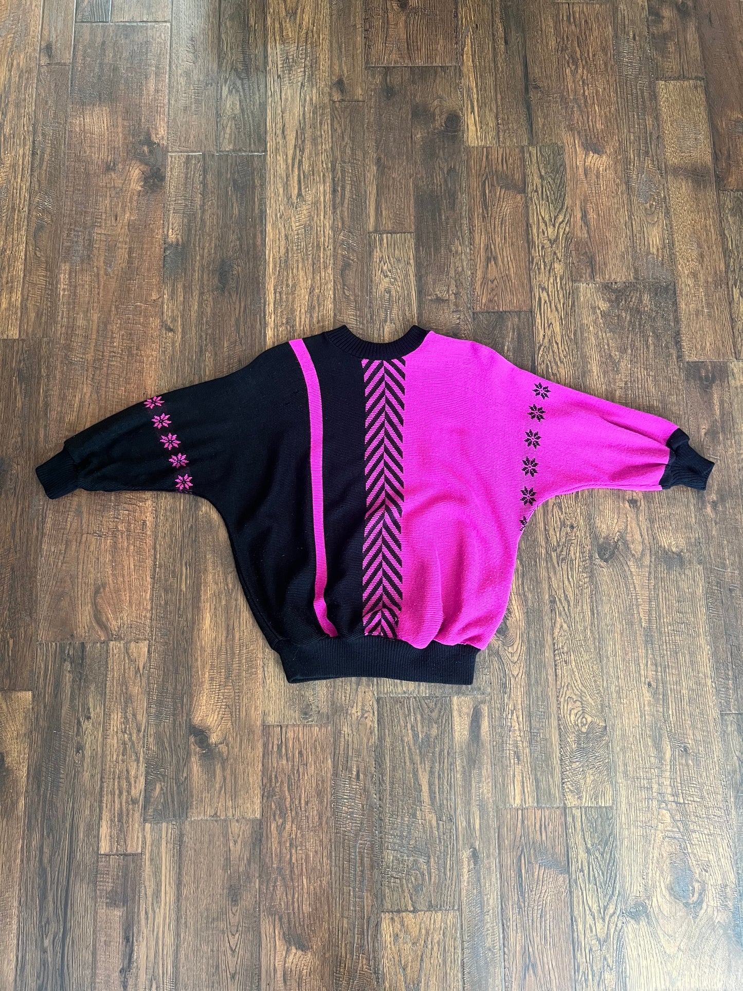 Vintage Clothing - 1980s Sweater - Hot Pink and Black - R Knit - Medium - Made In England