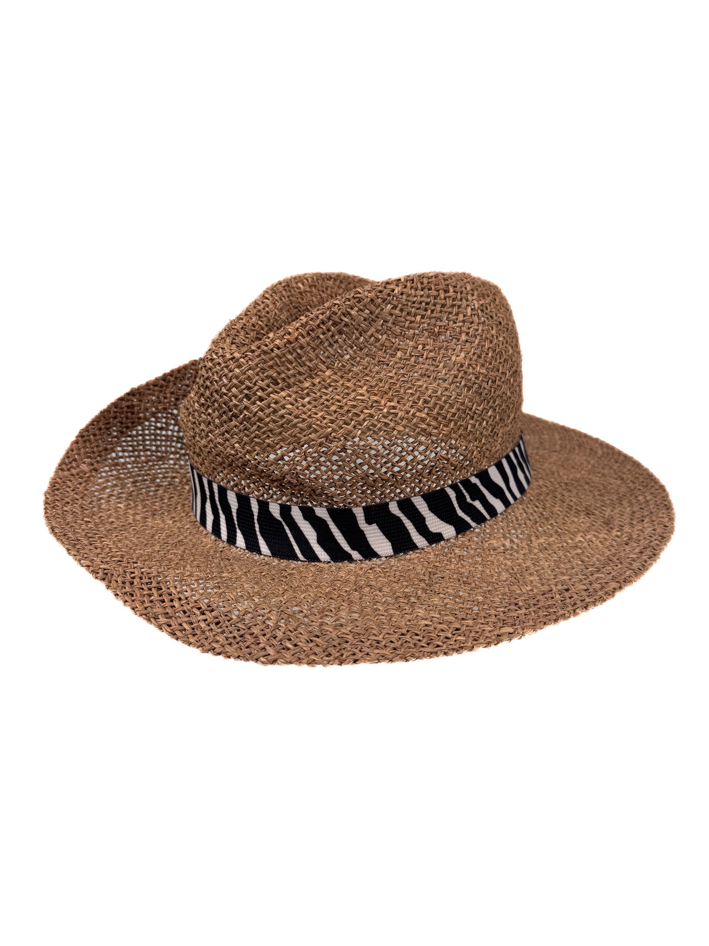 Vintage Hat - Straw Hat with Zebra Band & Elephant Pin