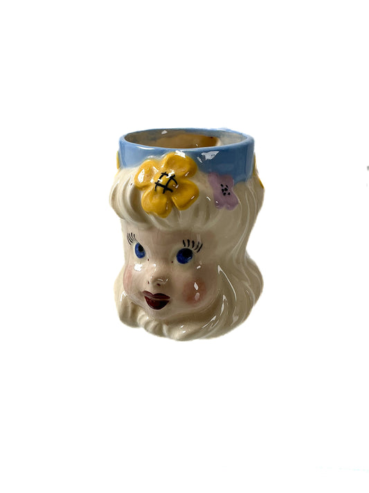 Vintage Decor - Klein & Co Girl Face Mug - Blue with Orange and Pink Flowers