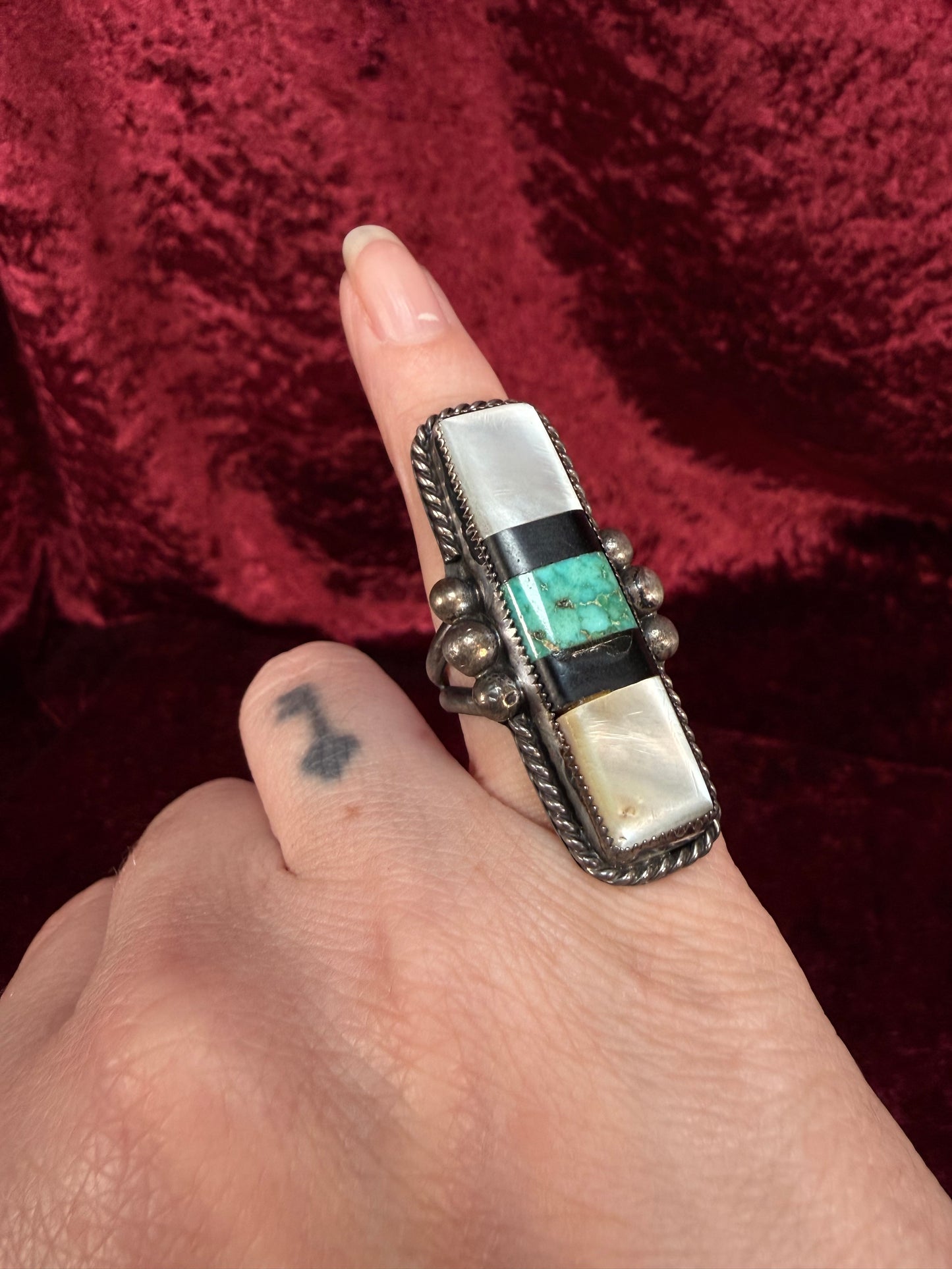 Vintage Sterling Silver Ring – Turquoise and Mother of Pearl Inlay Statement - Size 6