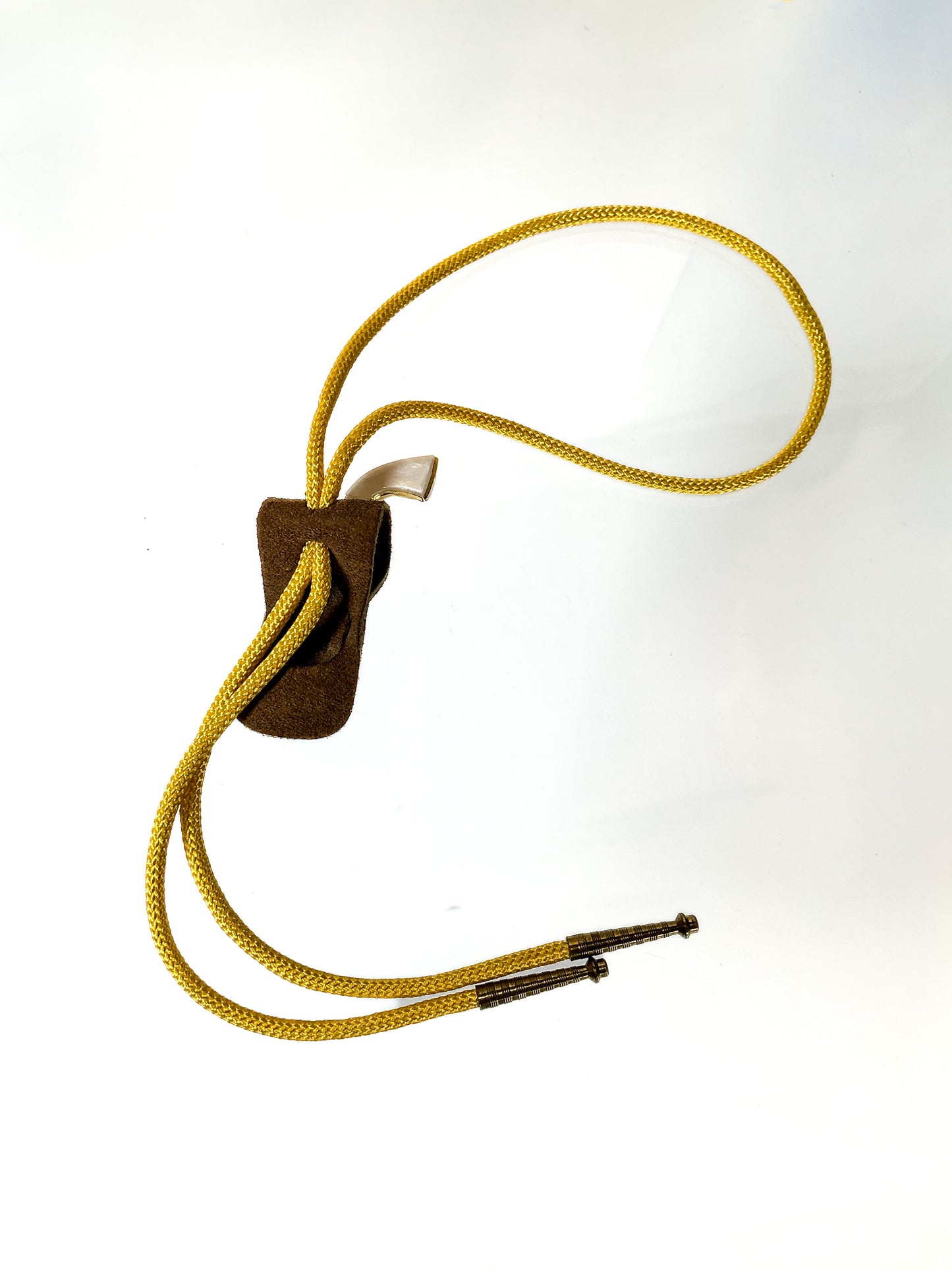 Vintage Accessories - Bolo Tie - Miniature Gold Pistol in Holster - Yellow Braided Cord - Brass Tips