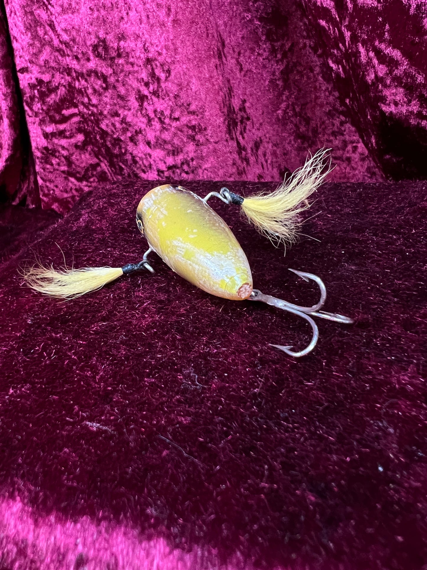 Vintage Plastic Fishing Lure - Yellow Plug Crankbait with Hook Skirts