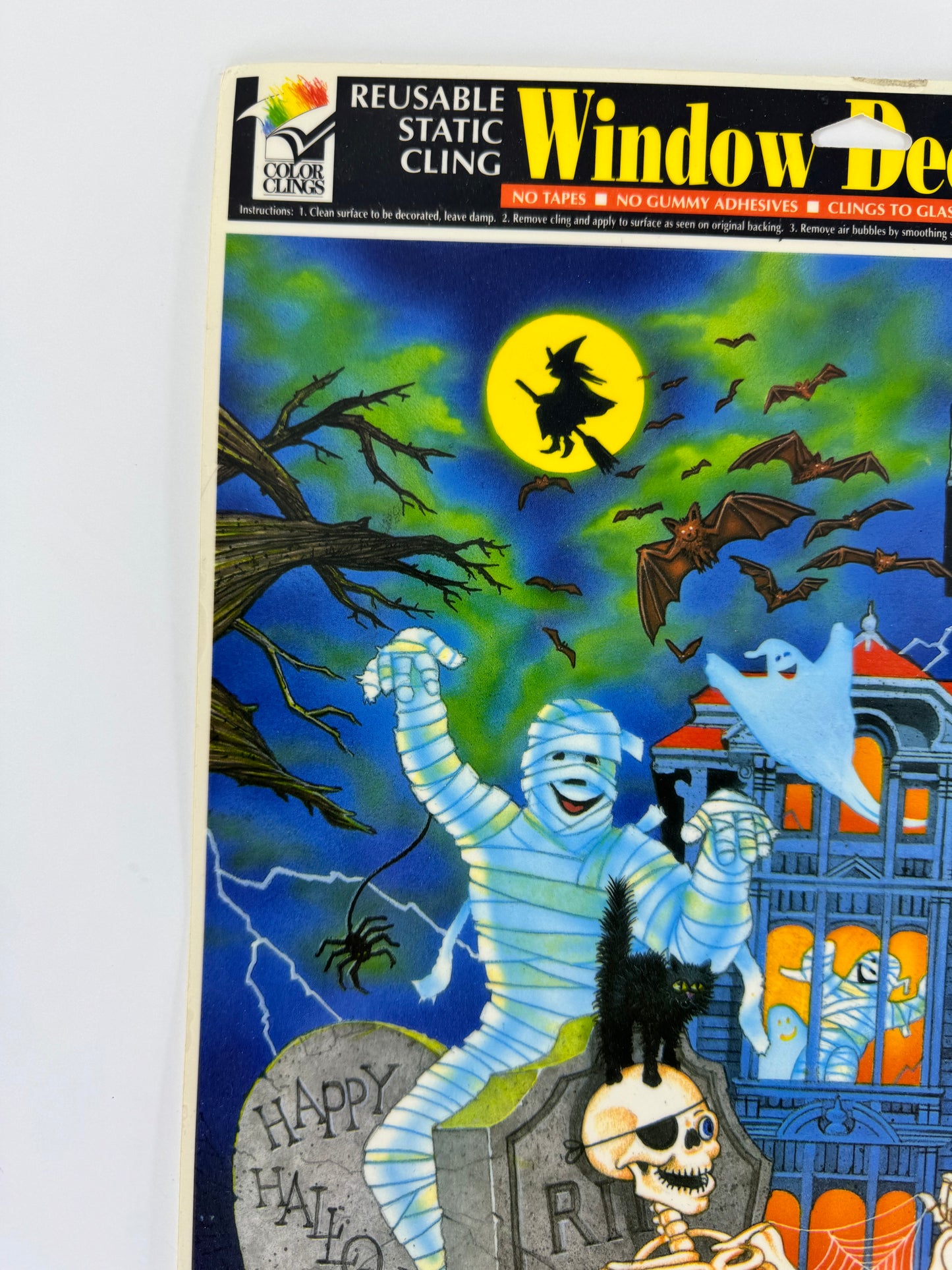 Vintage 1990s Color Clings Halloween Sheet | Skeleton Bats Mummy | Window Clings