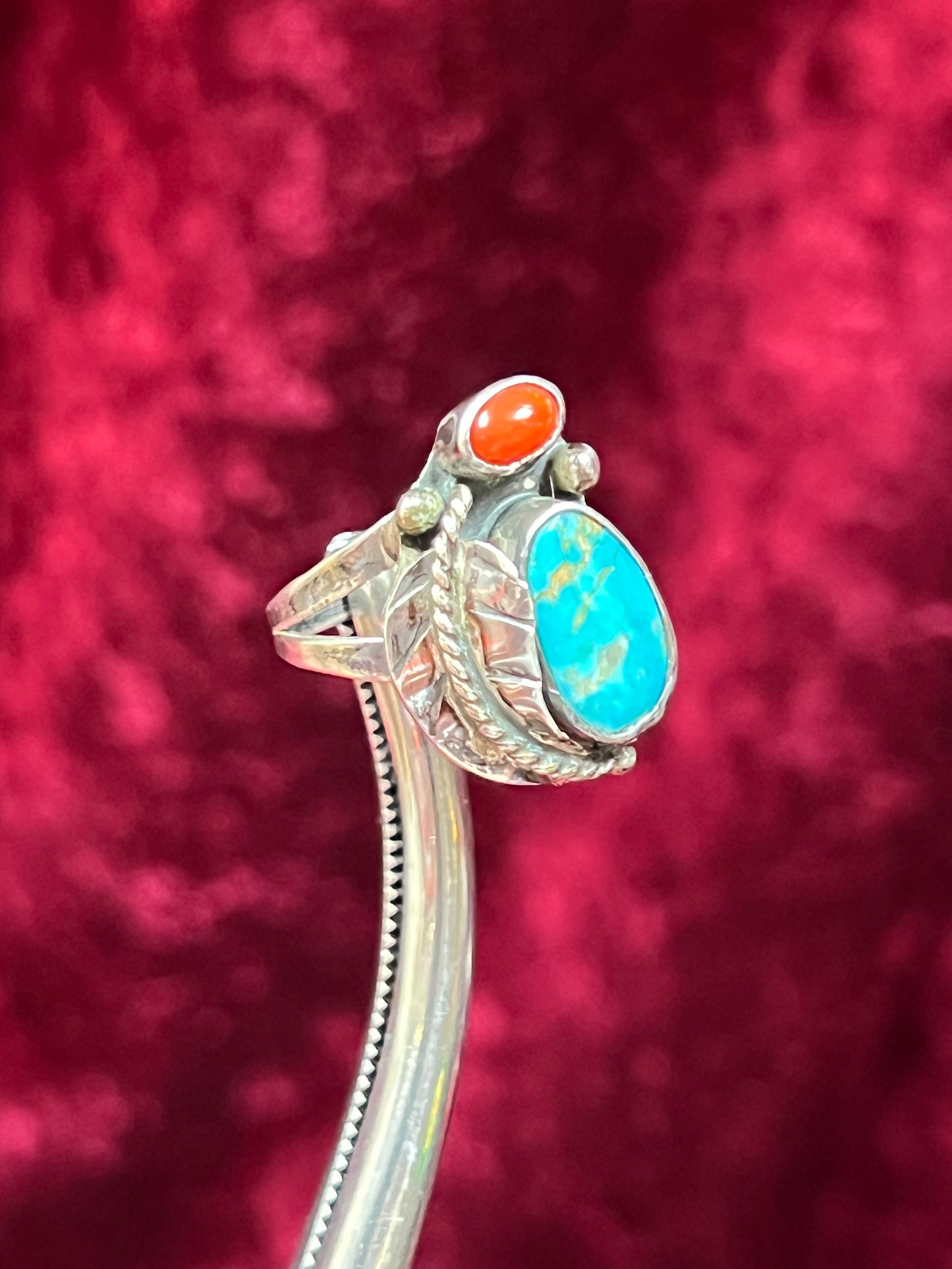 Vintage Jewelry - Ring - Sterling Silver - Turquoise and Coral - 7.25