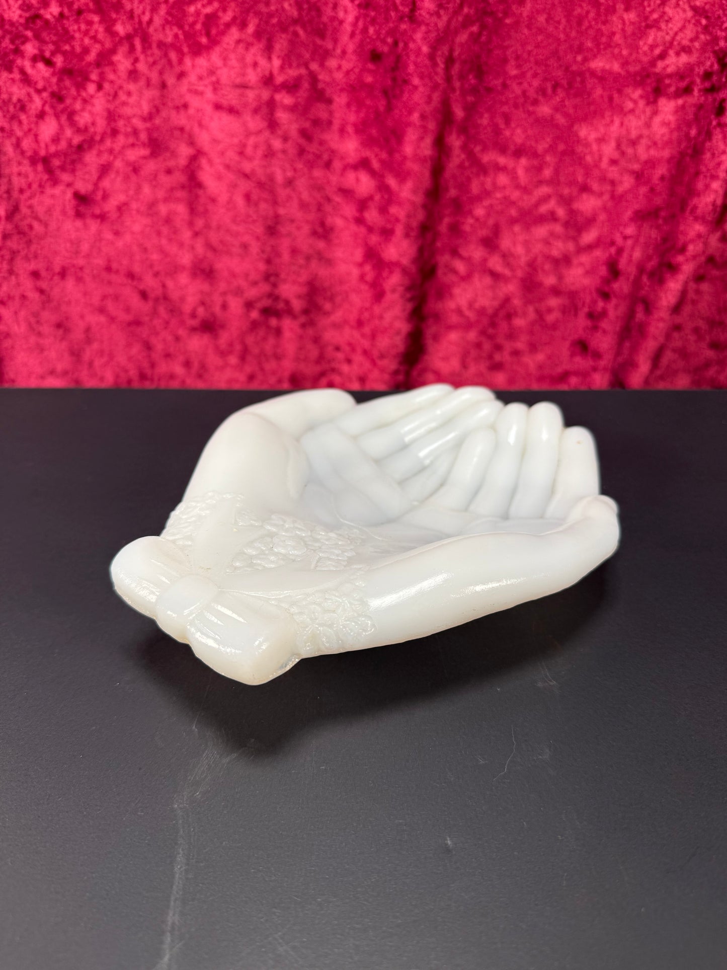 Vintage Trinket Dish - Cupped Open Hands - White Milk Glass - Avon
