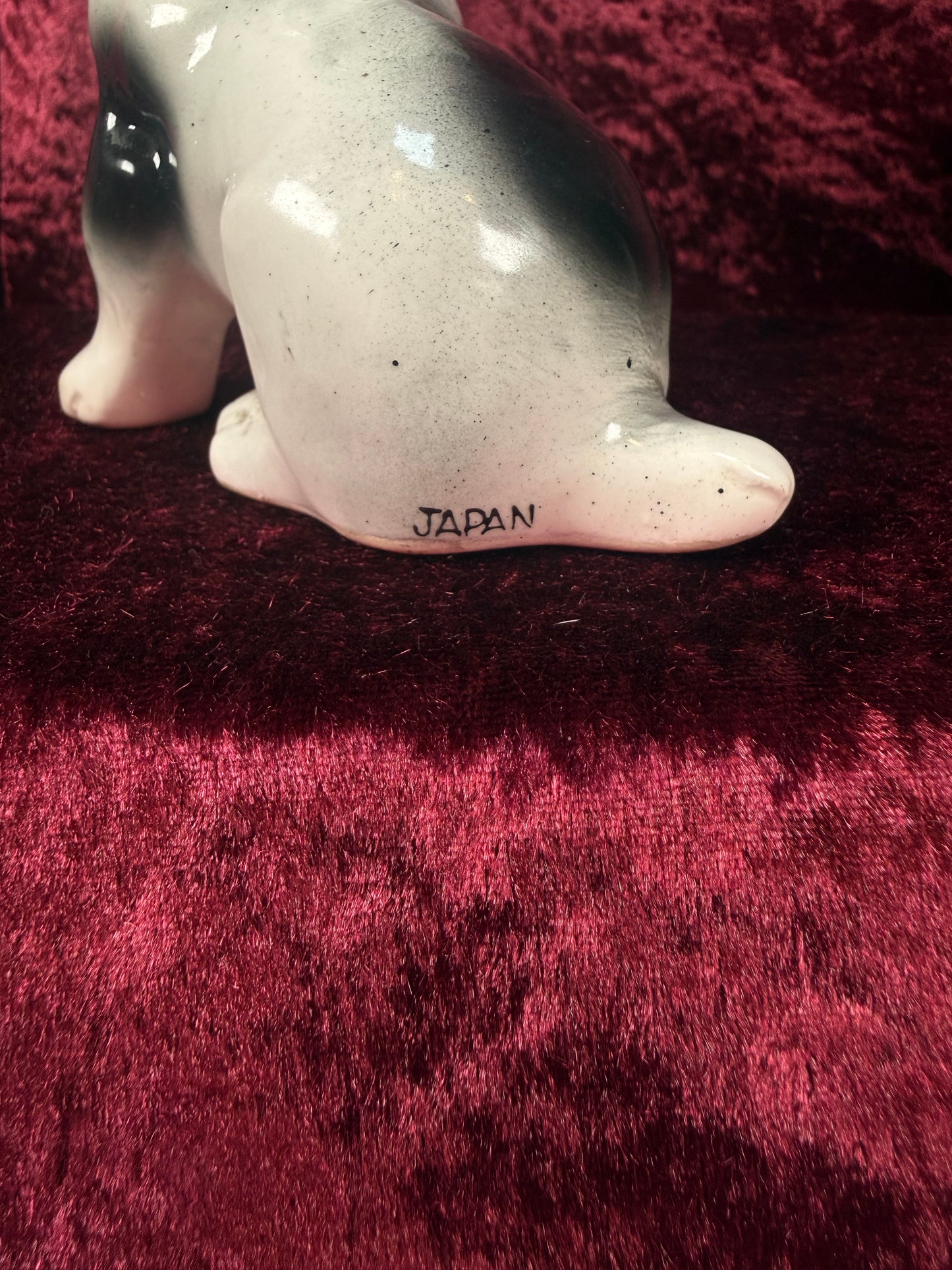 Vintage 1950s Ceramic Dog Figurine – Black & White Puppy with Big Eyes
