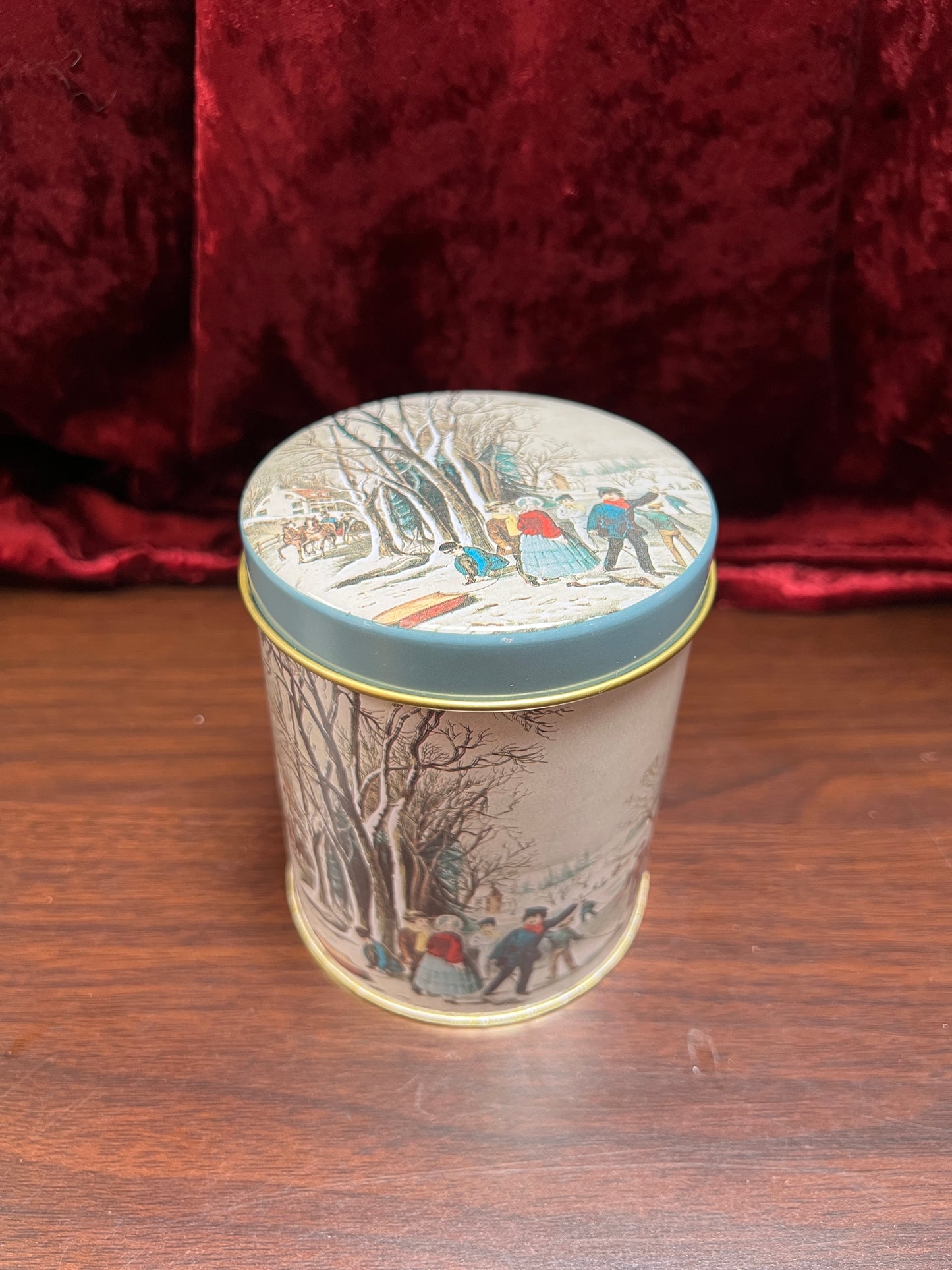Vintage Christmas - Metal Nesting Tin Canister Set - Old New England Winter Scene - Made In Taiwan R.O.C.