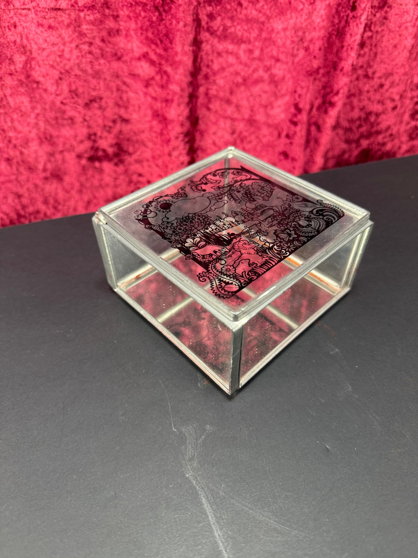 Vintage Trinket Box - Glass - Hand Painted Magical Forest Scene - Mirrored Bottom - Stained Glass Arts