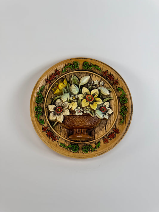 Vintage Chalkware Wall Hanging Art - 1970s 3D Floral Relief - Napcoware Japan