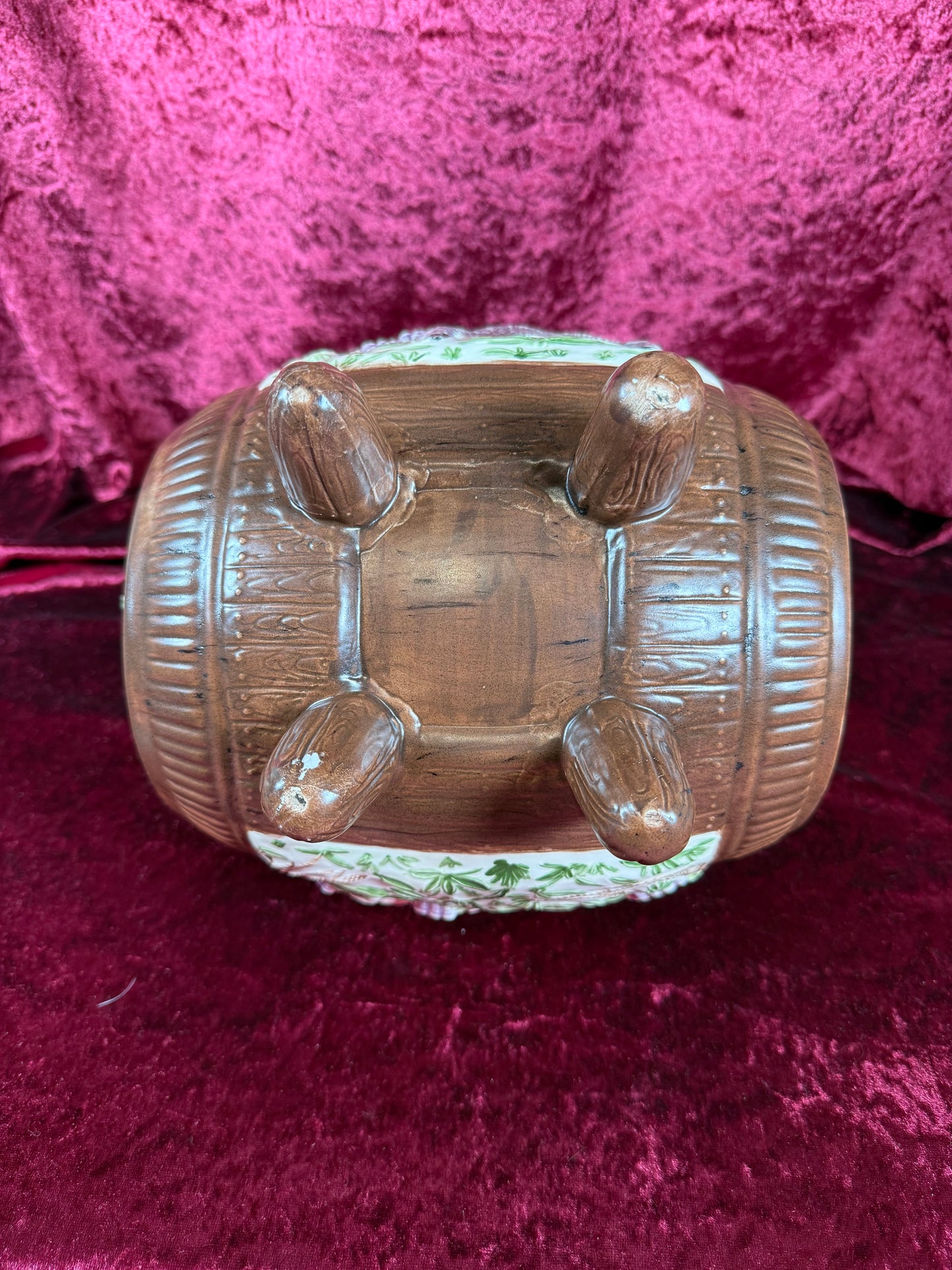 Vintage Pottery - Mid Century Wine Barrel Keg Decanter - Putti, Bacchus, Goat Relief