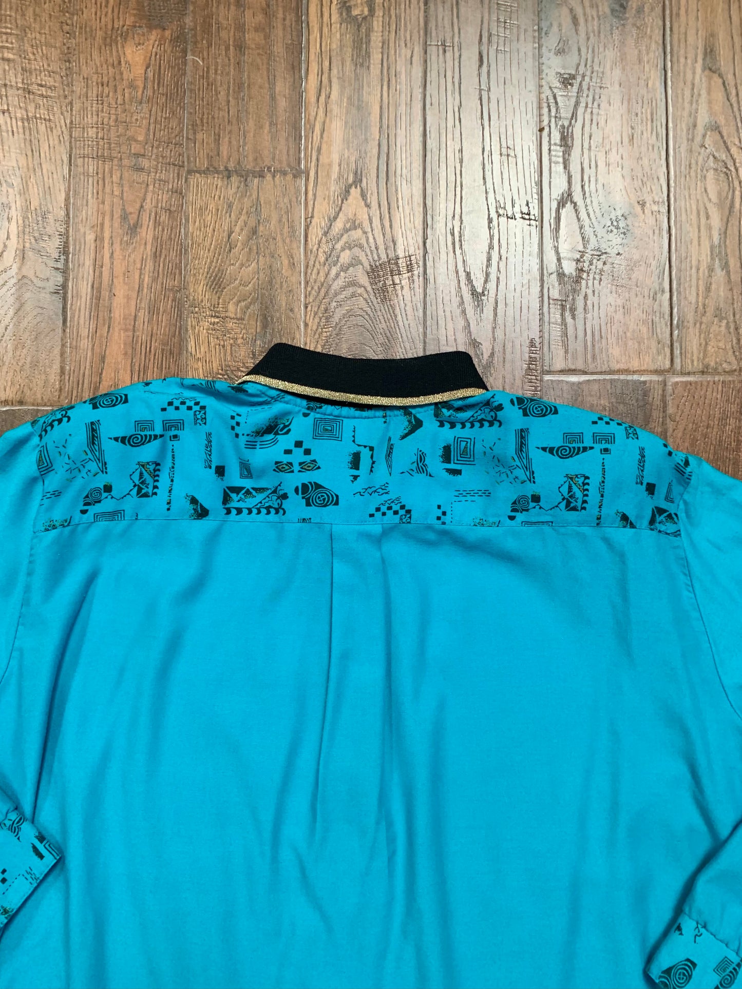 Vintage Clothing - Button Up Shirt - Turquoise & Black - Western Print - Sharon Anthony - Medium